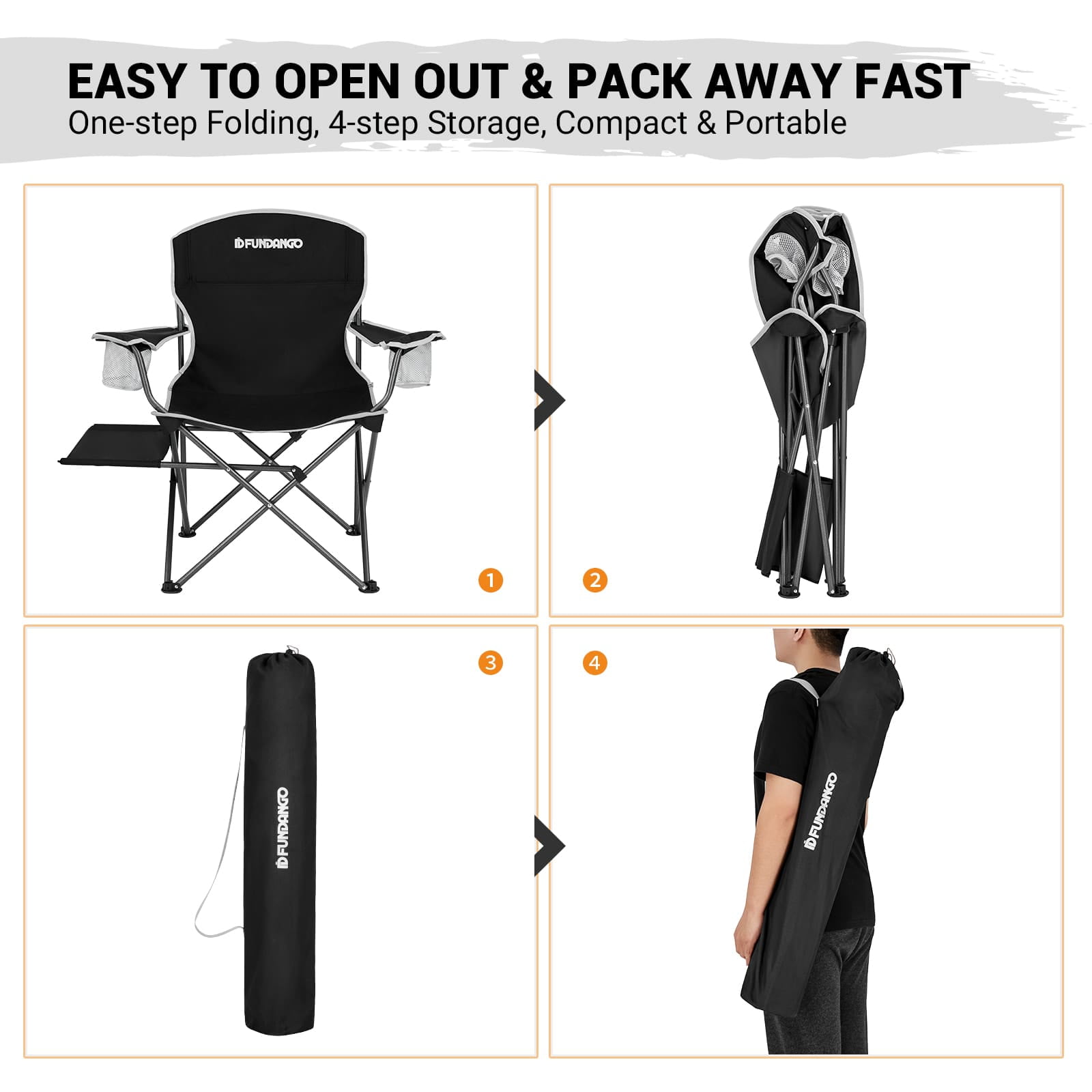 FUNDANGO Black Foldable Camp Lawn Chairs for Outside, Portable Folding Padded Chair for Park, Camping, Includes Side Table & Cup Holder, Support 300 lbs Capacity, Black, 1Pack - Image 2