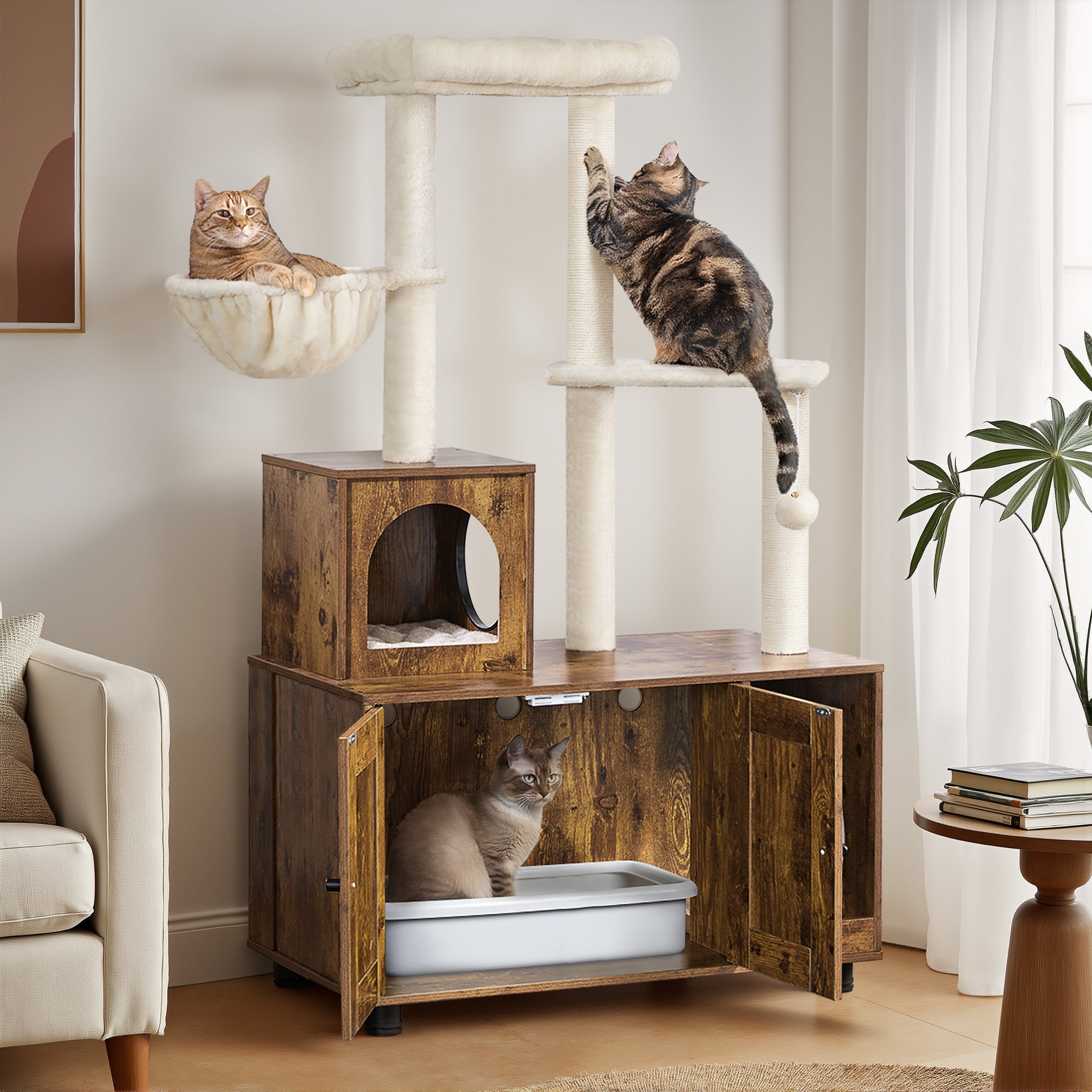Renwick 53'' Wooden Litter Box Enclosure with Cat Tree Tower, Rustic Brown/Beige - Image 5