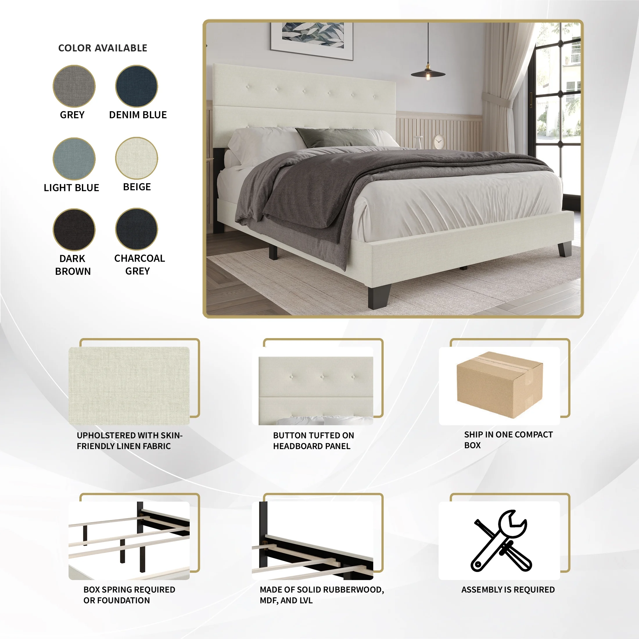 Castle Place Elegant Button Tufted Linen Upholstered Twin Bed, Beige - Image 8