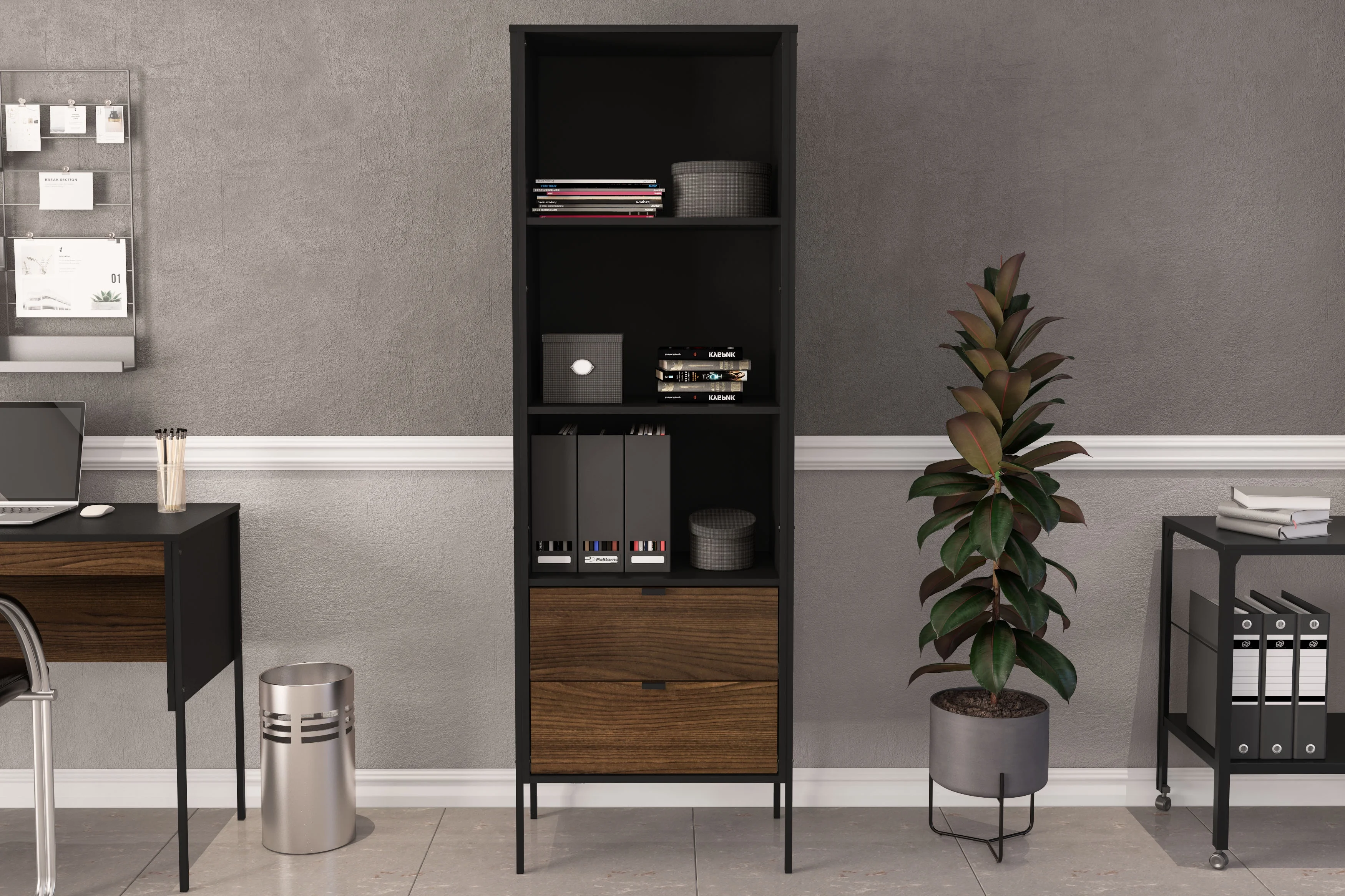 Polifurniture Mallorca 71 in. Modern Bookcase with 3 Shelves and 2 Drawers, Black & Walnut - Image 10