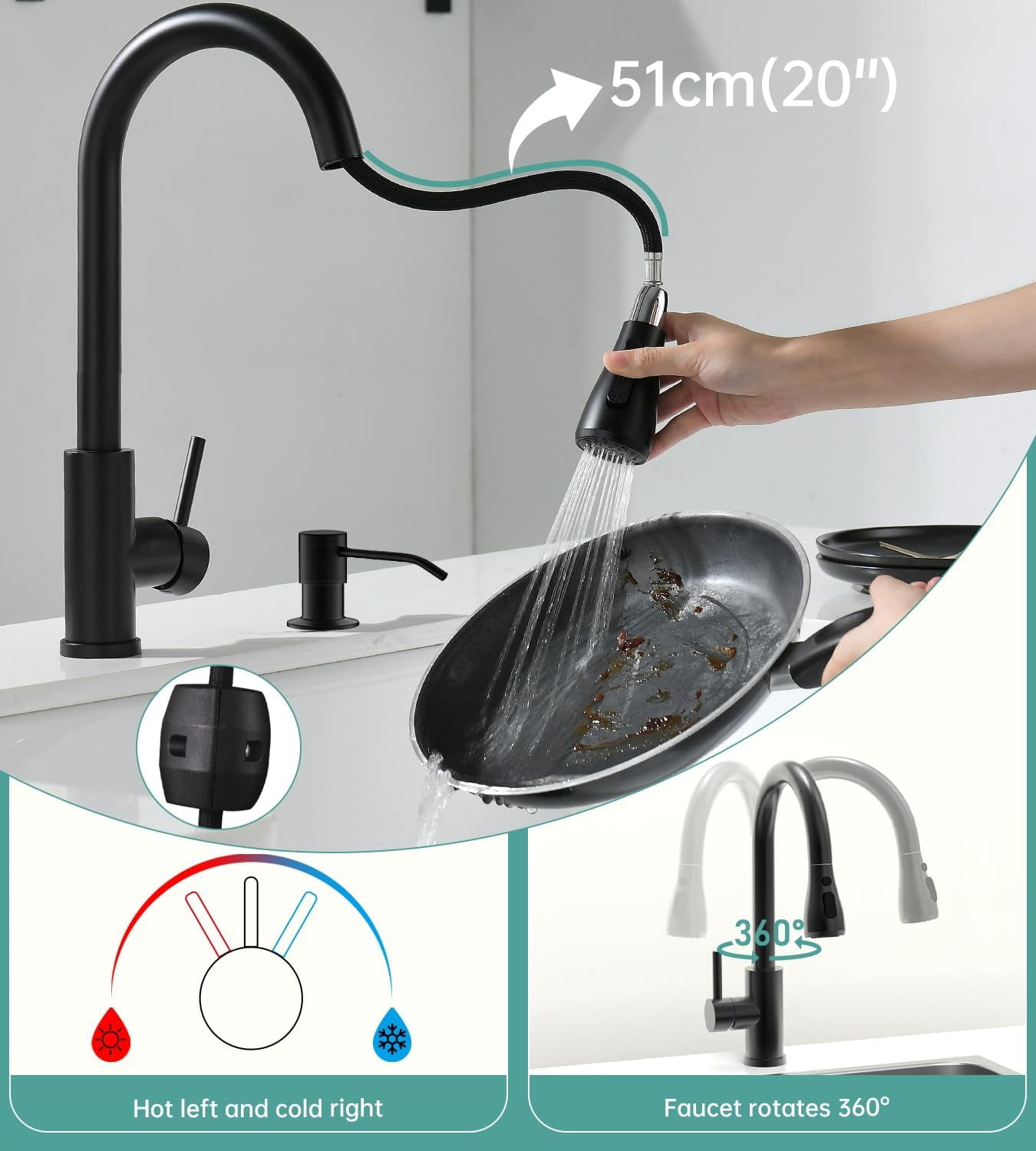 Dayone Matte Black Kitchen Faucet with Pull Down Sprayer, Single Handle High Arc Tap, 360° Swivel Aerator - Image 4