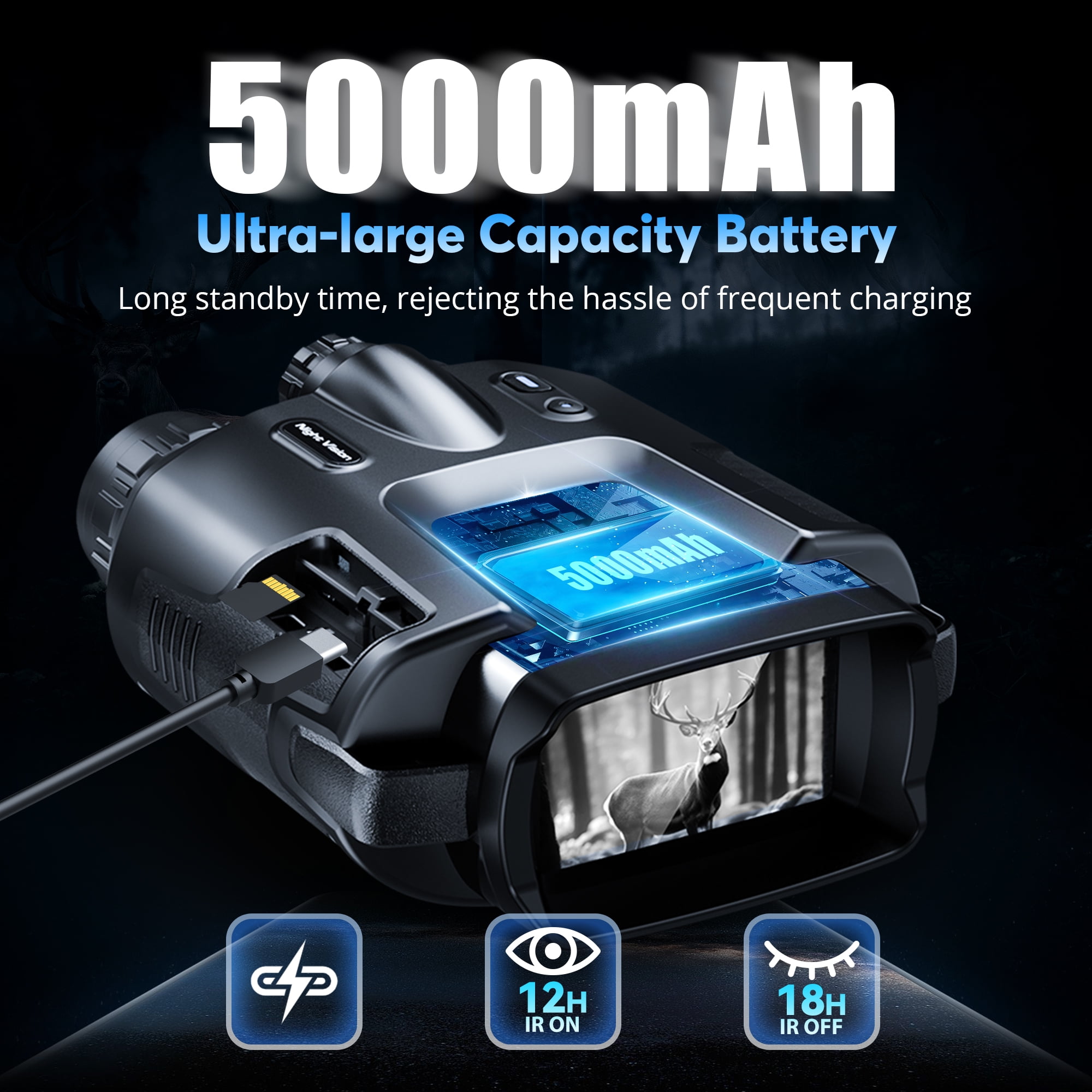 Ruaiok 4K Night Vision Binoculars, 8X Night Vision Goggles for Adults Hunting & Camping, IP65 Waterproof and 5000mAh Rechargeable Battery - Image 6