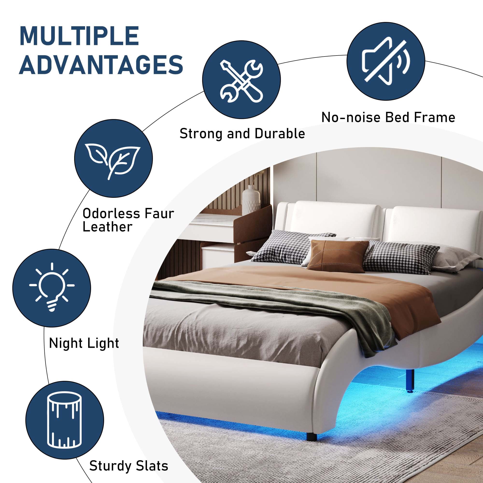 Aukfa Faux Leather Full Upholstered Platform Bed with Headboard, 16 LED Bed Frame - White - Image 4