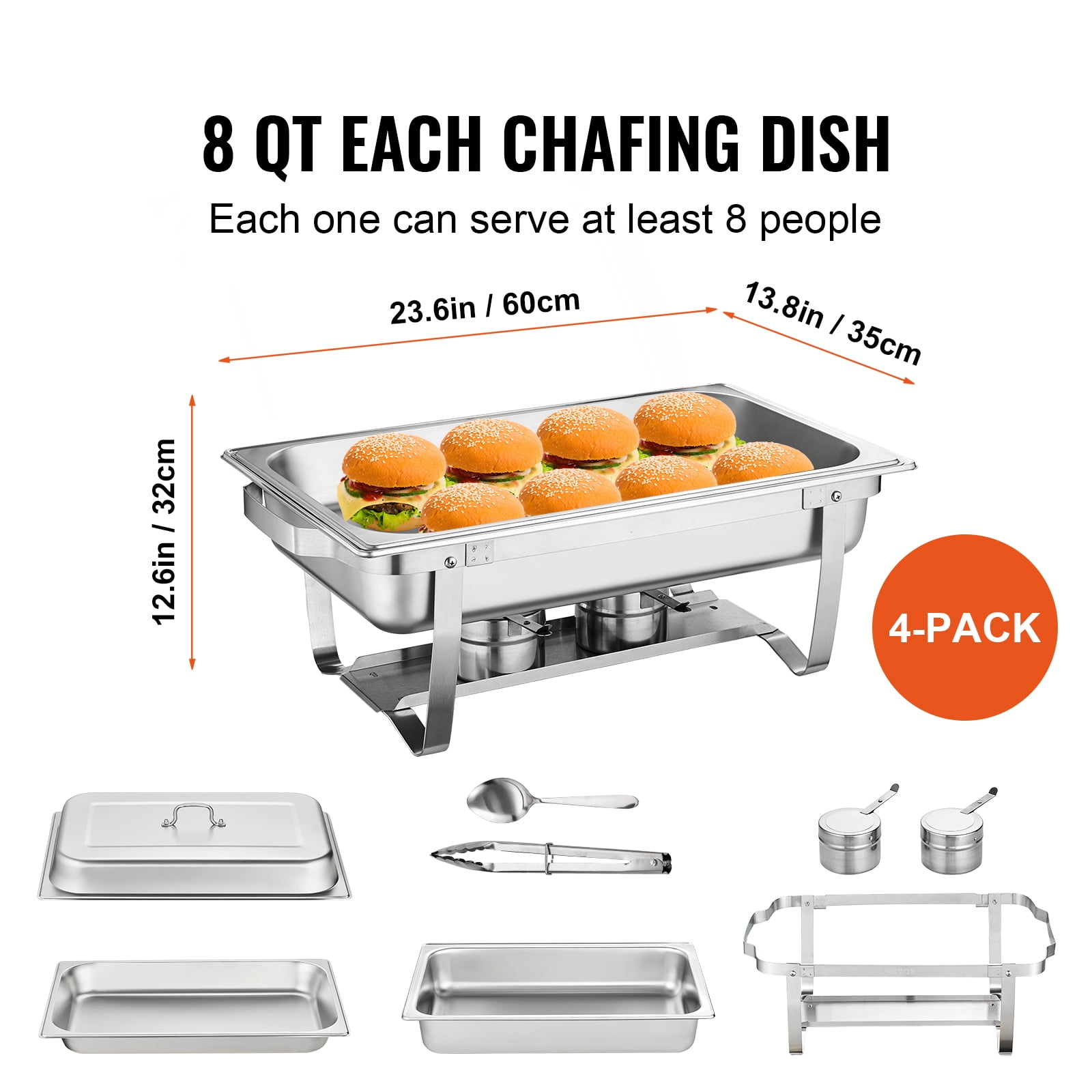 VEVOR Chafing Dish Buffet Set,8 Qt 4 Pack, Stainless Chafer with 4 Full Size Pans, Rectangle Catering Warmer Server with Lid Water Pan Folding Stand Fuel Tray Holder Spoon Clip - Image 5