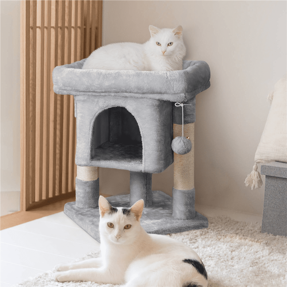Renwick 2-Level Cat Tree Kitten Condo House with Plush Perch, Light Gray - Image 3