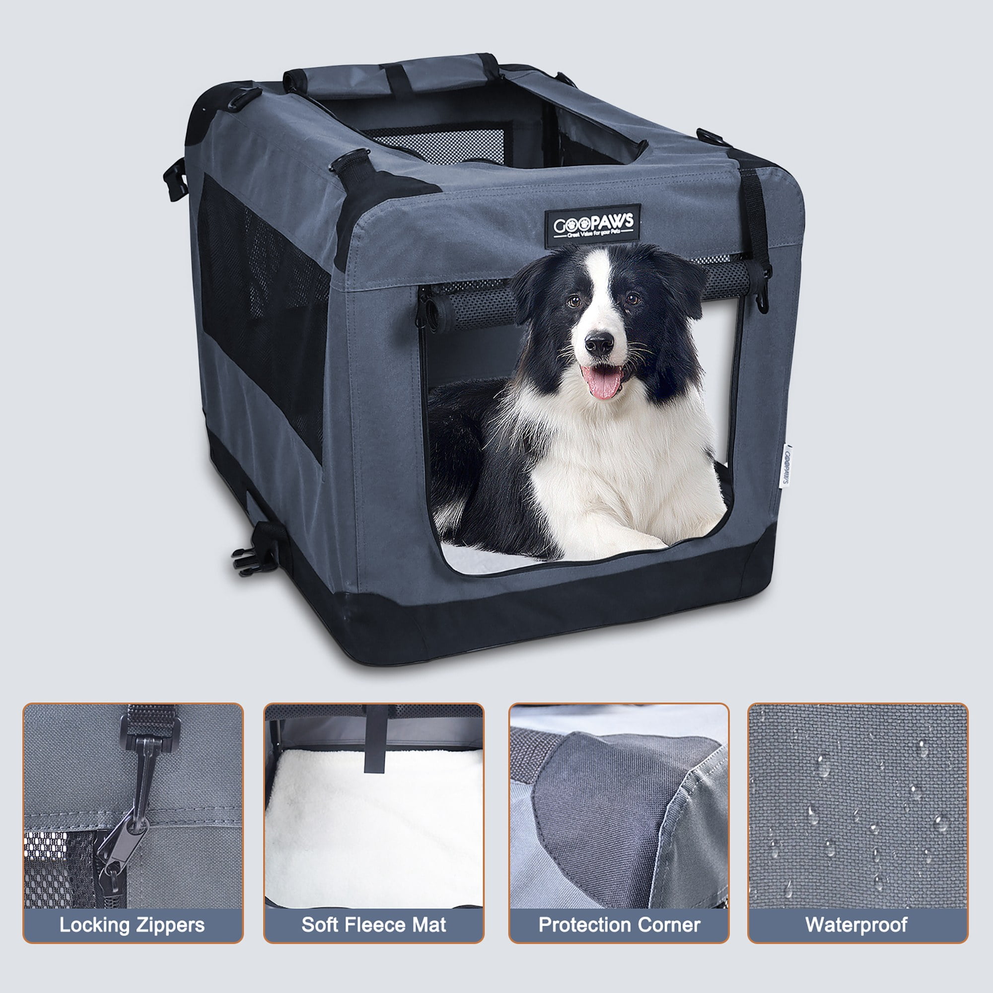 JESPET & GOOPAWS: 27" Soft Pet Crate - Grey - Dogs & Cats Up to 35 lbs, 3 Door Folding Kennel, Indoor Outdoor Travel Carrier, Mesh Windows, Fleece Mat - Image 2