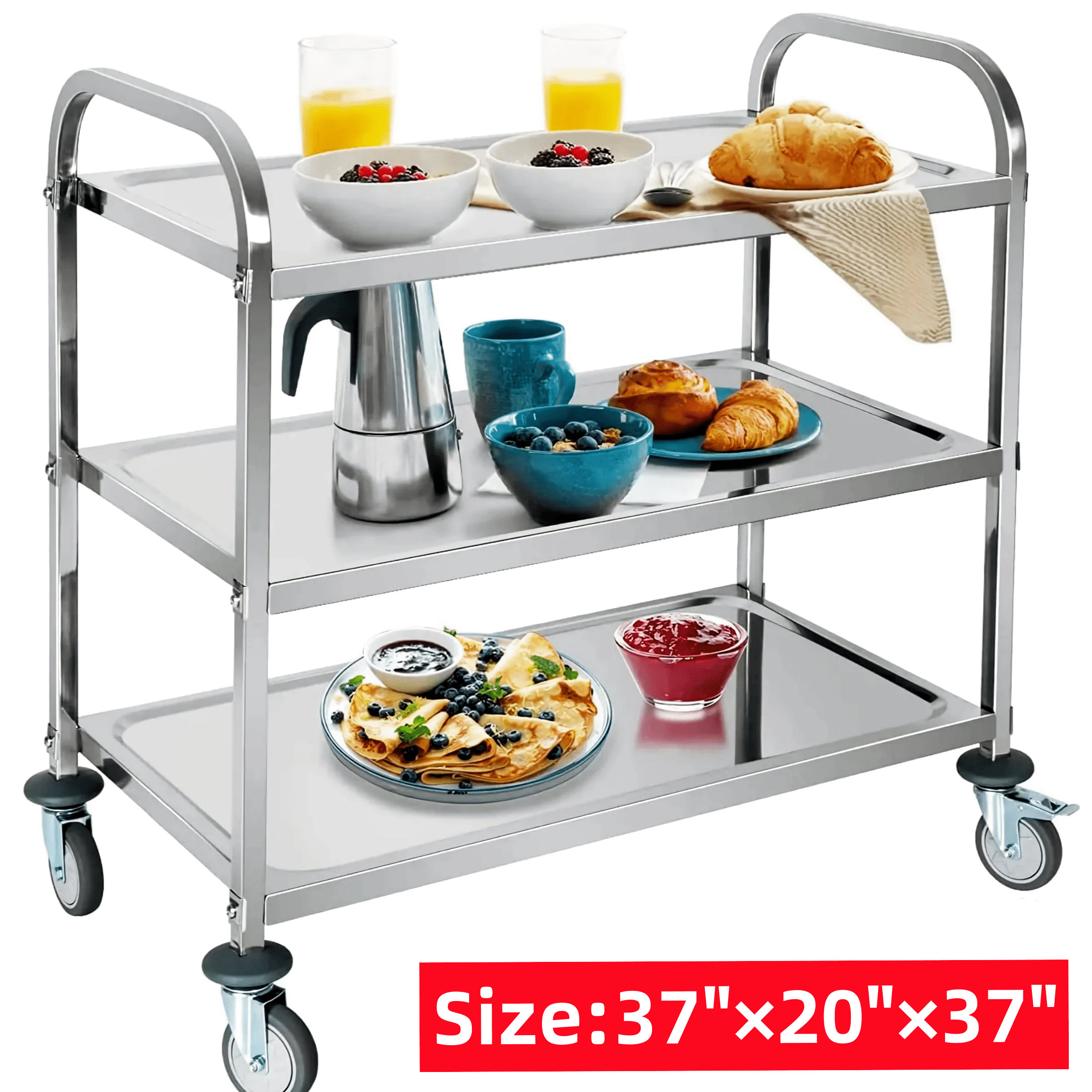 Petoto 37x20x37 inch 3-Tier Stainless Steel Utility Cart - Commercial Food Cart - Kitchen Serving Carts with Locking Wheels - Image 12