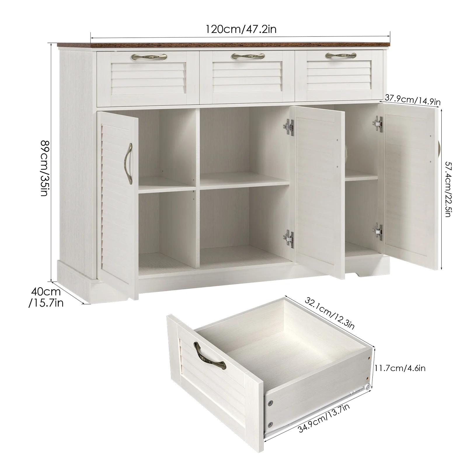 Homfa Buffet Table with 3 Drawers & 3 Doors, 47.2'' Large Wood Sideboard Cabinet for Kitchen Dining Room, White &Oak - Image 4