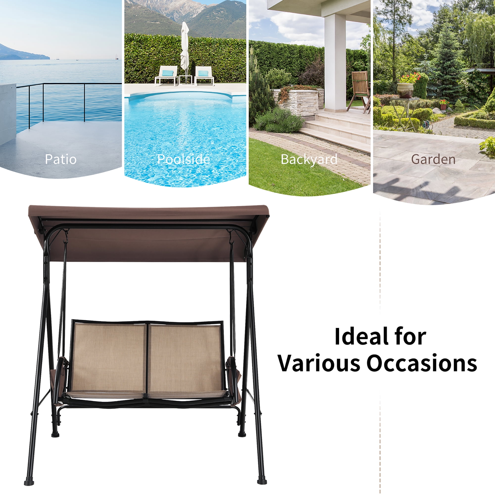 Costway 2 Seat Patio Porch Swing with Adjustable Canopy Storage Pockets Brown - Image 3