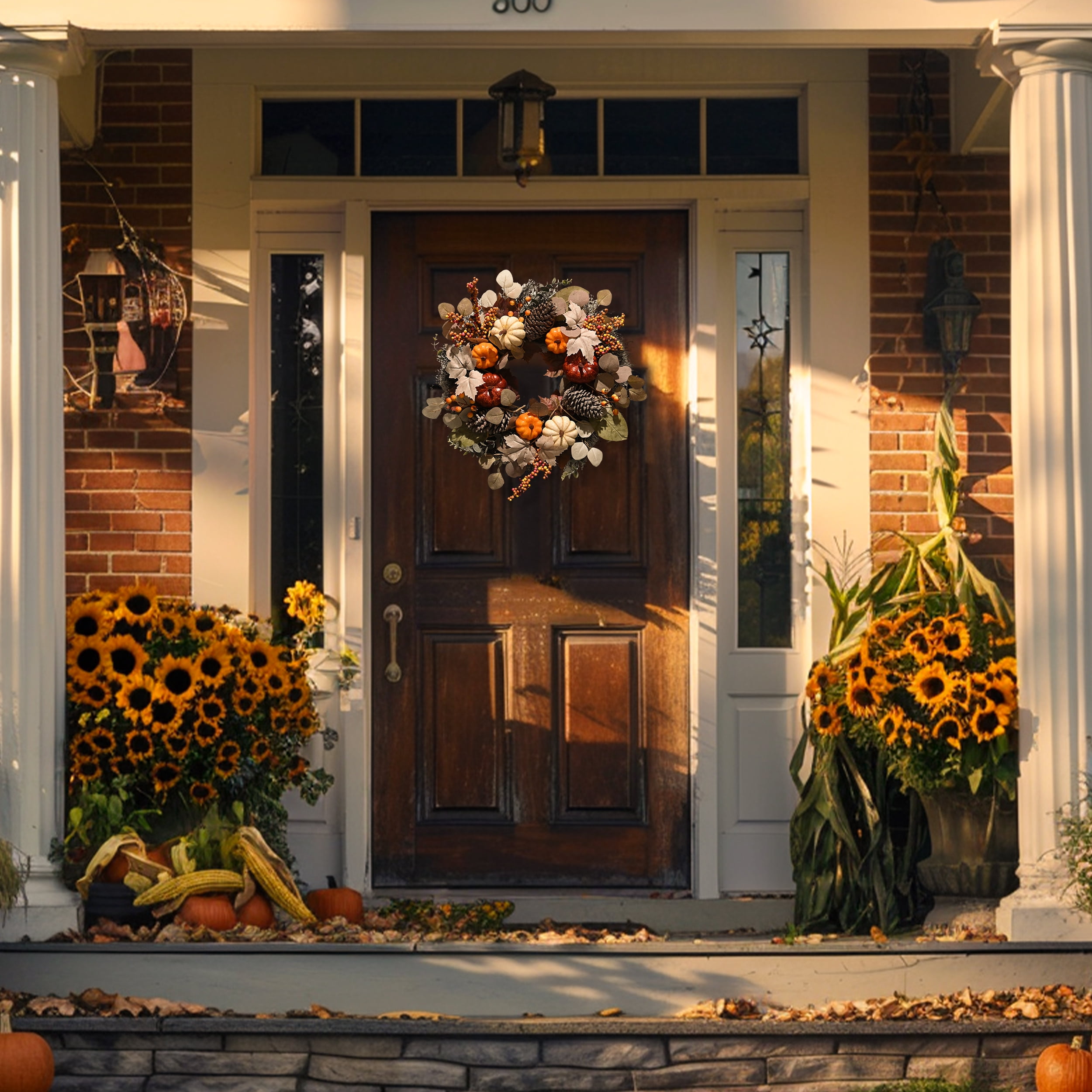 Valery Madelyn 24 inches Pre-Lit Fall Wreath Lighted Thanksgiving Wreath with Red Orange White Pumpkin & Pine Cone Harvest Wreath for Front Door Fireplace Farmhouse - Image 7