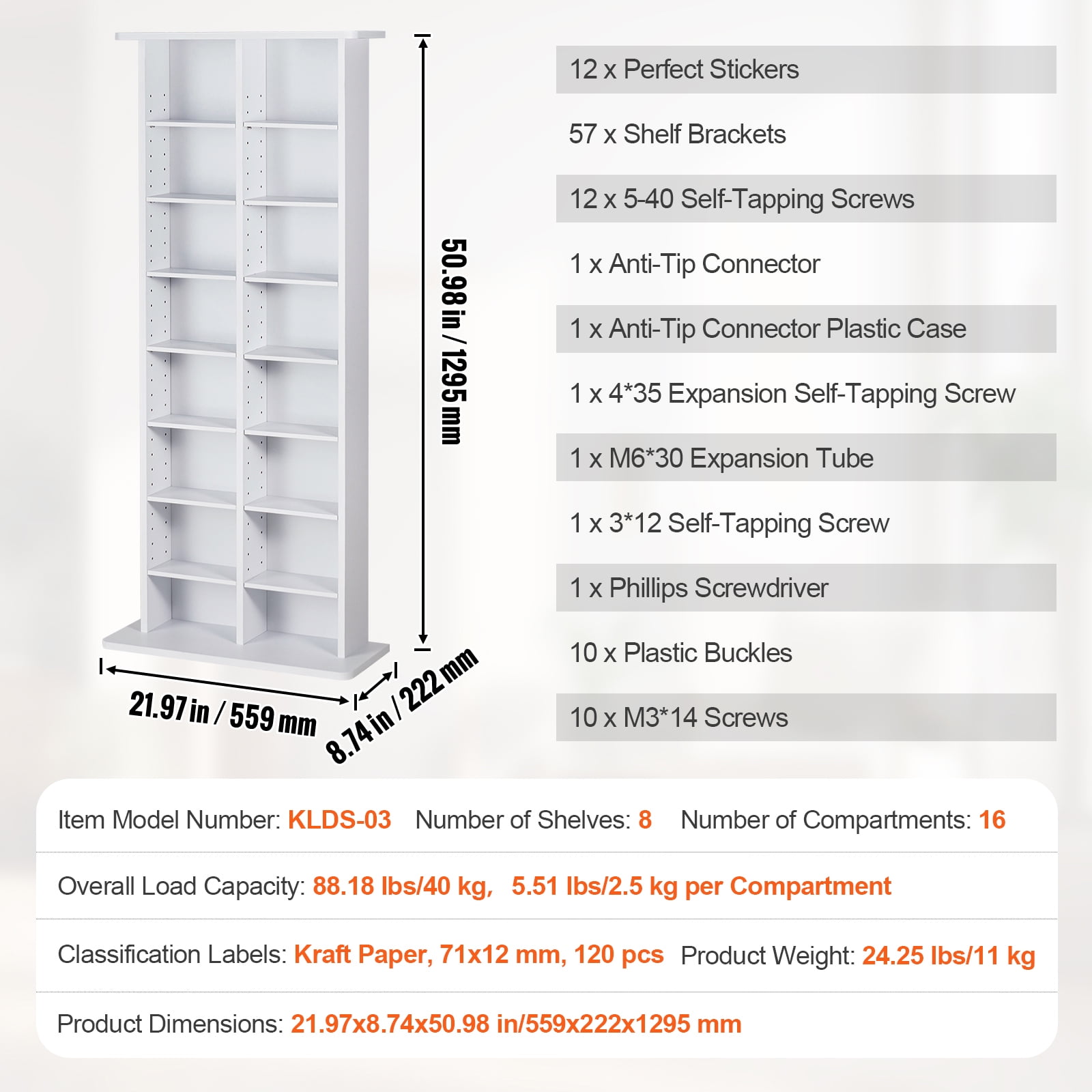 KFFKFF Media Organizer Cabinet, 8-Tier DVD Rack, Stores Up to 464 CDs, Flexible CD Shelving with 16 Sections, Safeguards & Sorts Music, Films, Video Games & Collectibles, White - Image 4