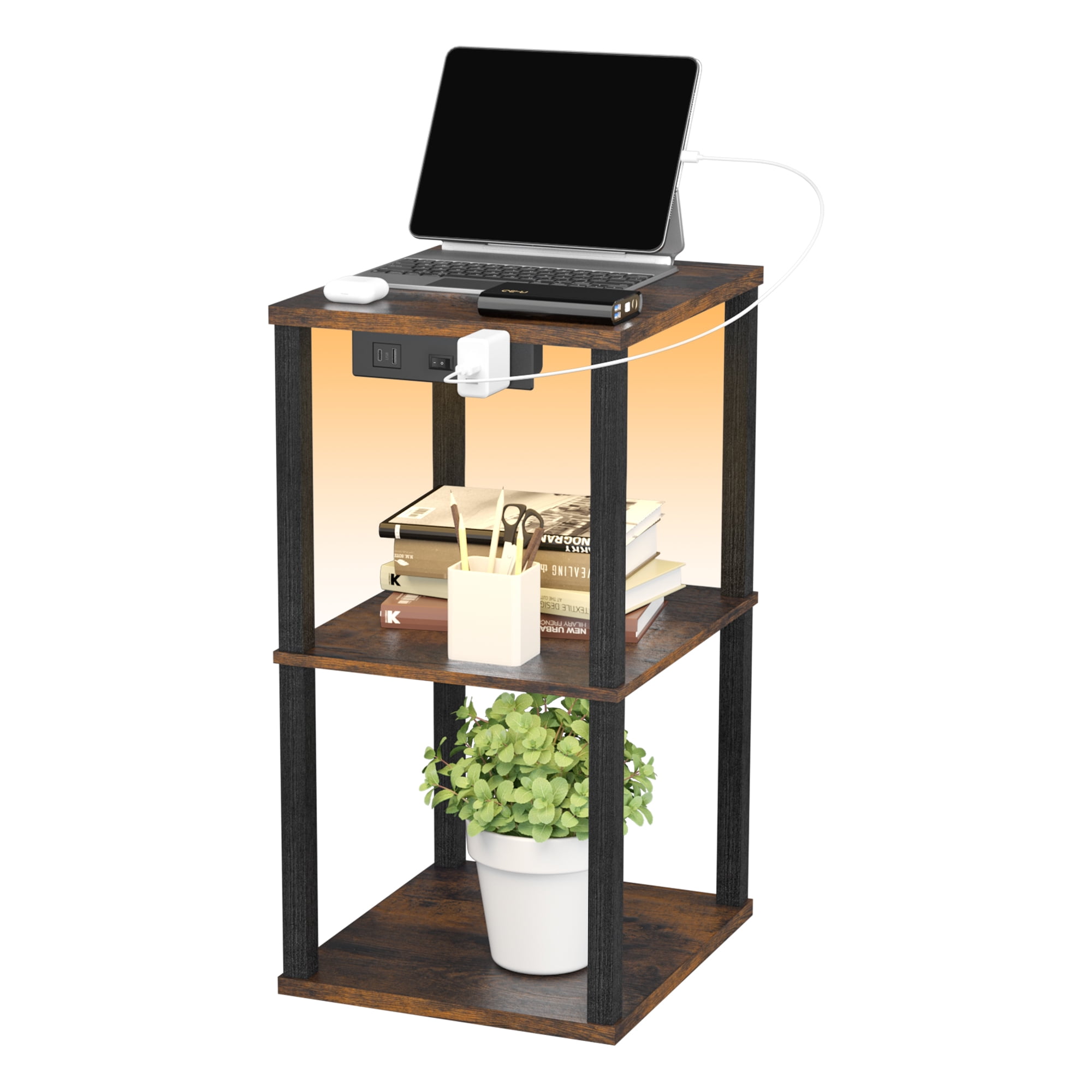 OUTONLIFE End Table with Charging Station, Small Bedside Table with 3 Storage Shelves, Narrow Side Table with USB Ports & Power Outlets, Night Stand for Living Room, Bedroom, Black - Image 7