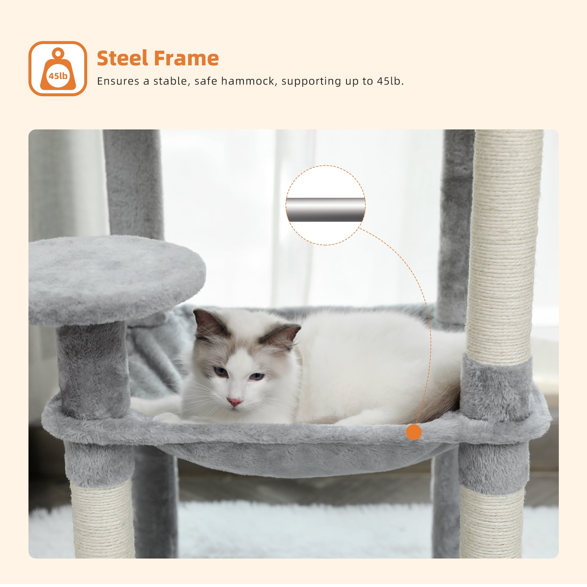 Pawz Road Cat Tree for Large Cats 56"Tall Cat Tower Condo with Scratching Post for Indoor Cats,Gray - Image 9