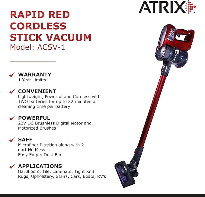 Atrix ACSV1 Rapid Red Cordless Stick Vacuum Red - Image 2