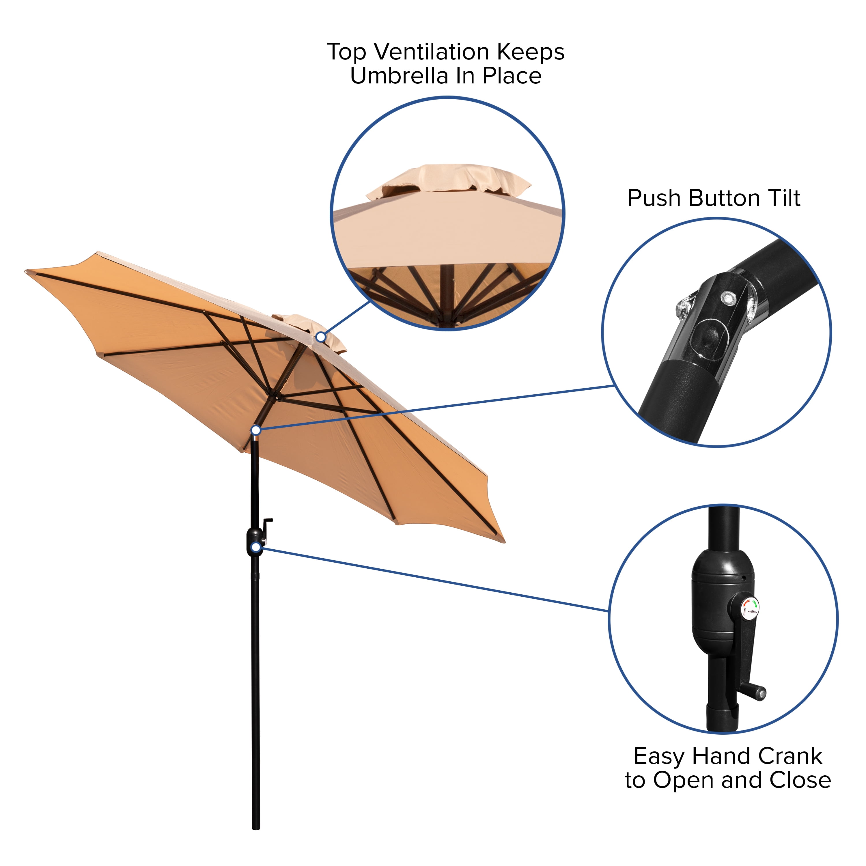 Flash Furniture Kona Tan 9 FT Round Umbrella with 1.5" Diameter Aluminum Pole with Crank and Tilt Function - Image 3