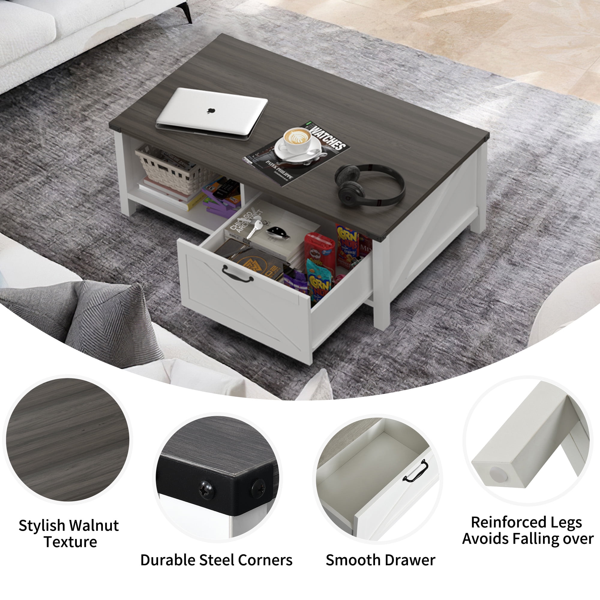 Dextrus Farmhouse Coffee Table with Storage, 2-Tier Storage Open Shelf Rustic Living Room Tables, White & Black - Image 7