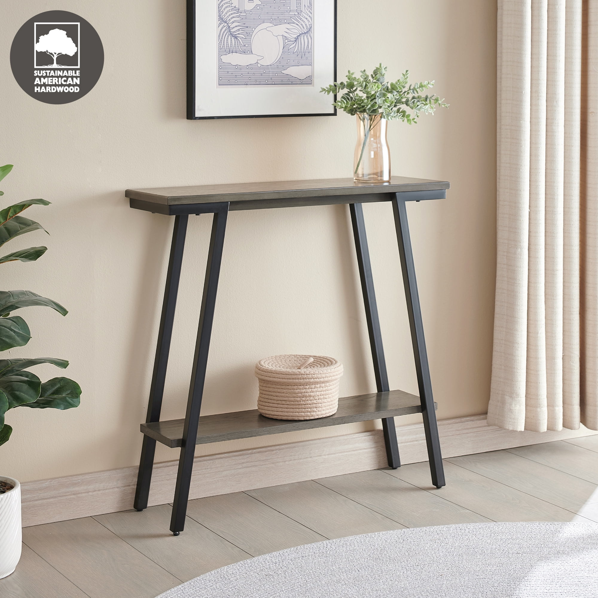 Leick Home Empiria 30" Wood and Metal Hall Console Table with Shelf, Gray/Matte Black - Image 13