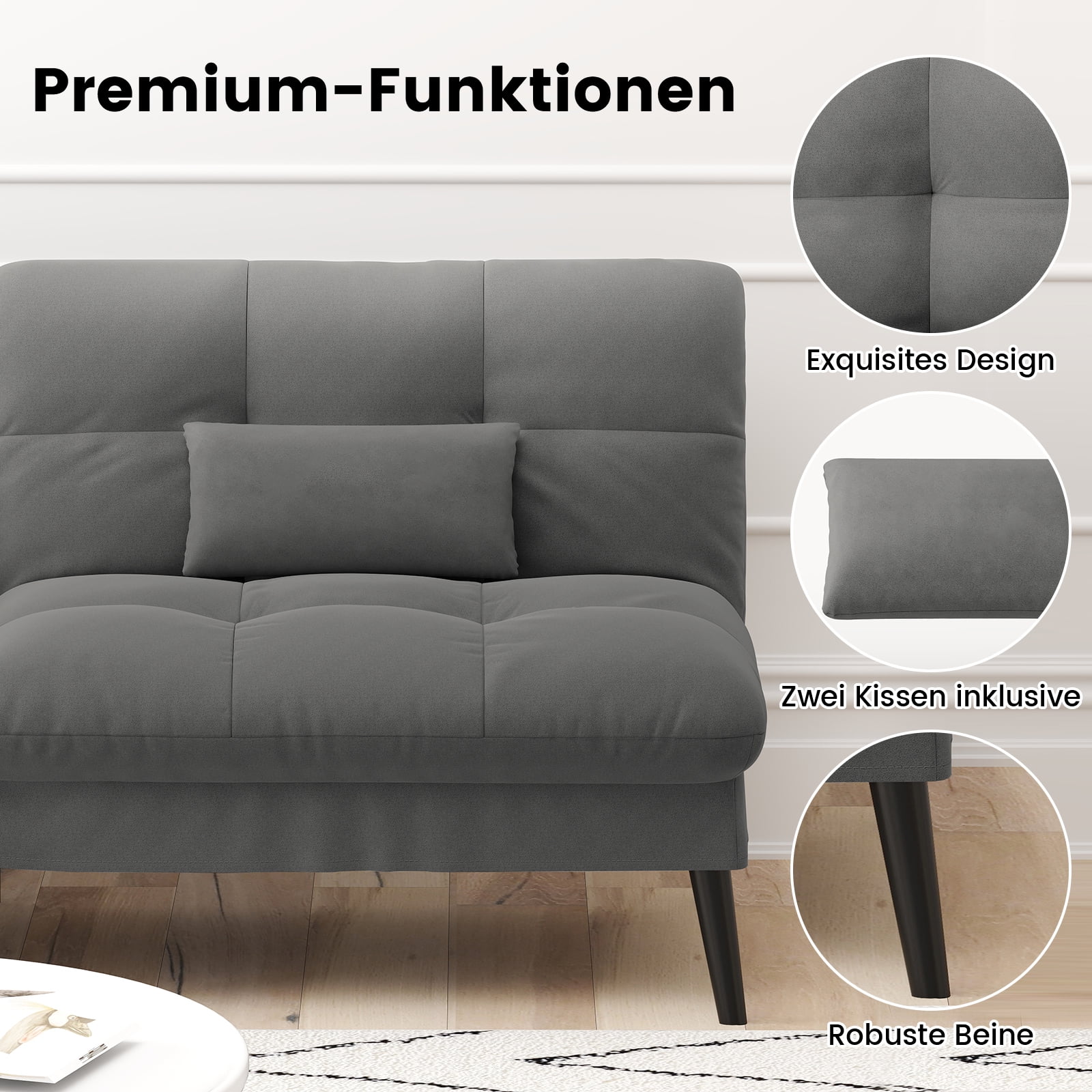 COMHOMA 68'' W Fabric Convertible Futon Sofa Bed with 5 Adjustable Backrest,Gray - Image 3