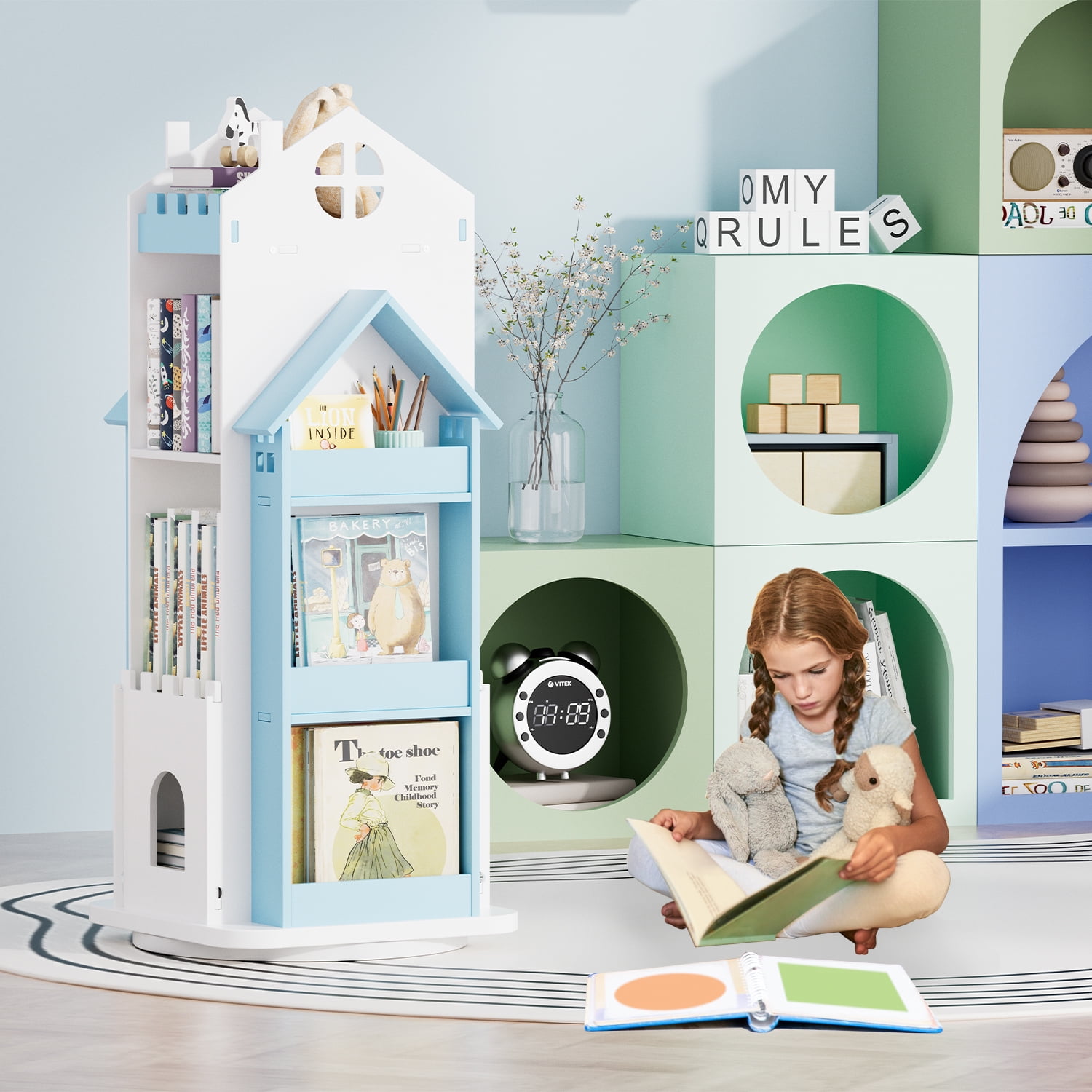 ymokee 3 Tier Rotating Bookshelf, 360° Display Rotating Bookcase, Corner Storage Rack Standing Revolving Bookcase, Swivel Bookshelf Display Rack in Bedroom Office Livingroom, Blue - Image 2