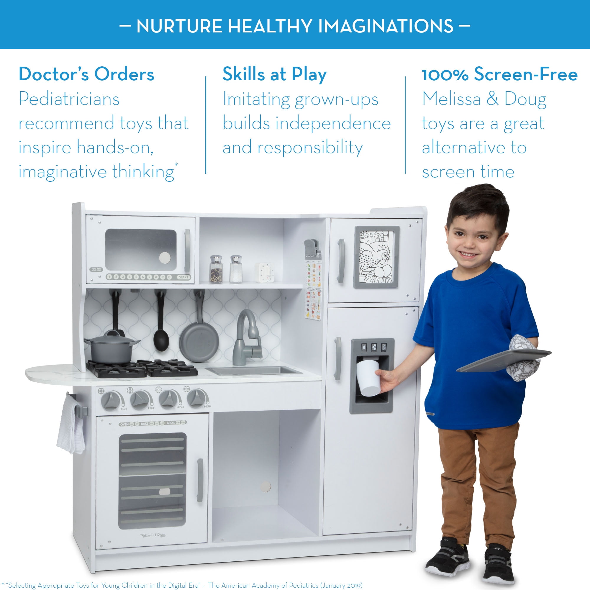 Melissa & Doug Wooden Chef’s Pretend Play Toy Kitchen With “Ice” Cube Dispenser – Cloud White - FSC Certified - Image 4