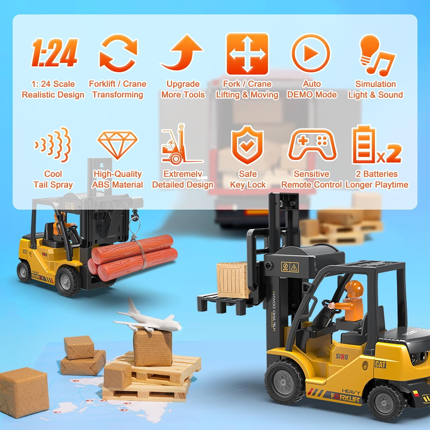 RC Forklift Truck, Remote Control Crane, Full Function Forklift RC Construction Toys Car, 2 Batteries, Spray, Light, Fork Crane Truck Toy Gift for Kids 6+ - Image 4