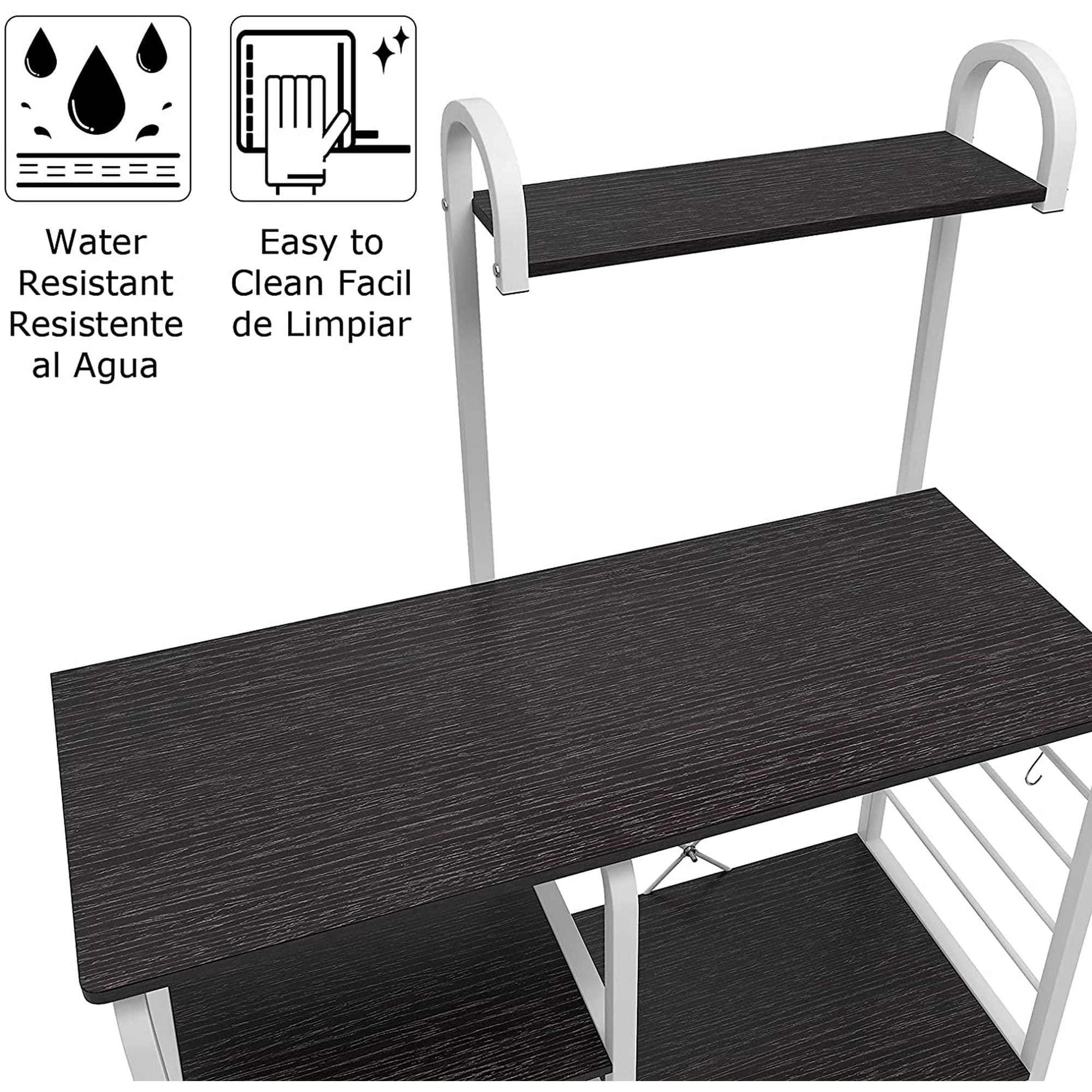 SOGES 4-Tier Kitchen Baker's Rack Utility Microwave Stand with 5 Hooks, Metal Storage Shelves, Black Walnut - Image 8