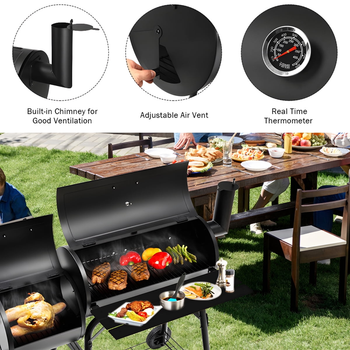 AKIUDEX Outdoor Portable BBQ Charcoal Grill with Offset Smoker for Pit Patio Backyard, Black - Image 4