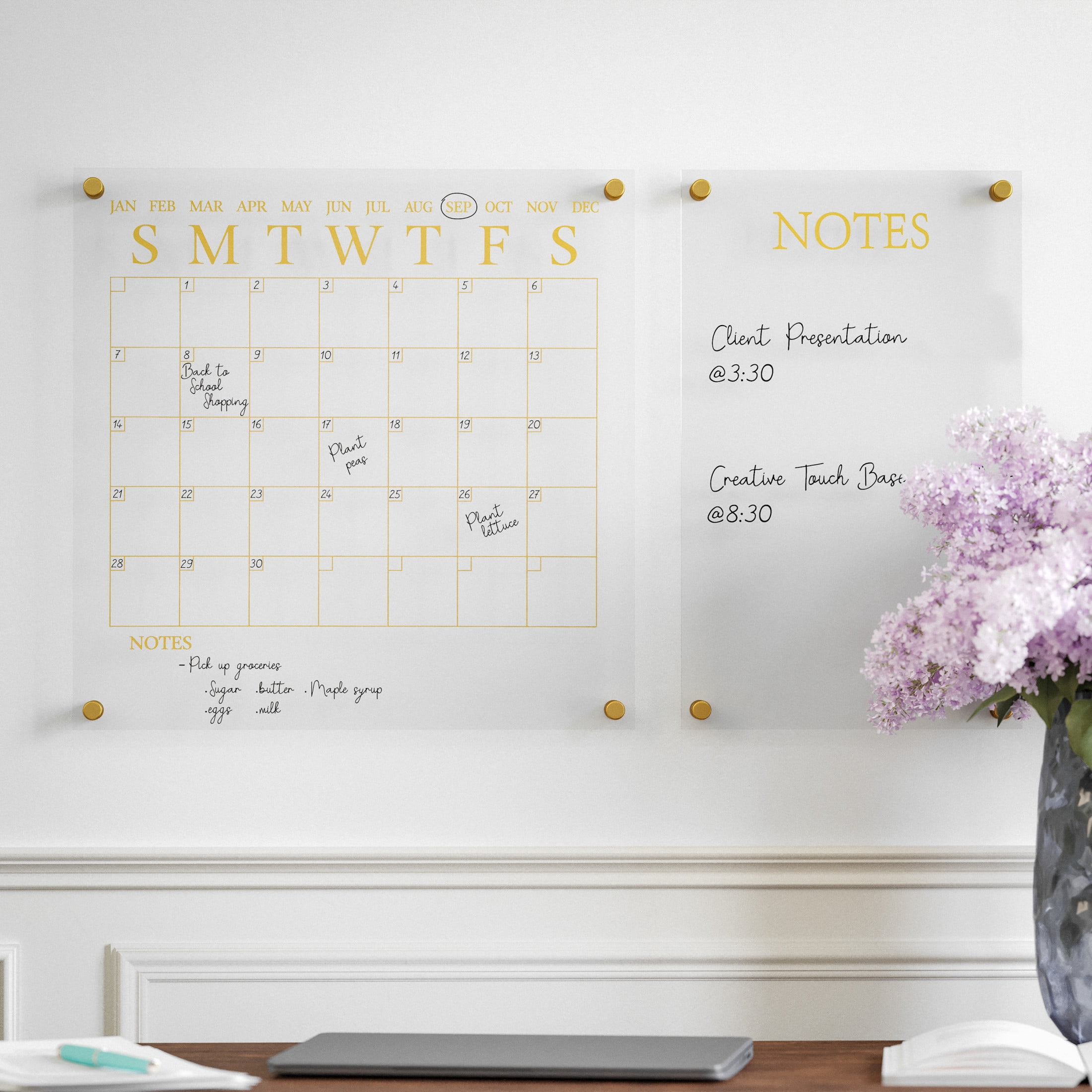 Martha Stewart Grayson Acrylic Wall Calendar and Notes Board Set with Dry Erase Marker and Mounting Hardware, Clear with Gold Print - Image 9