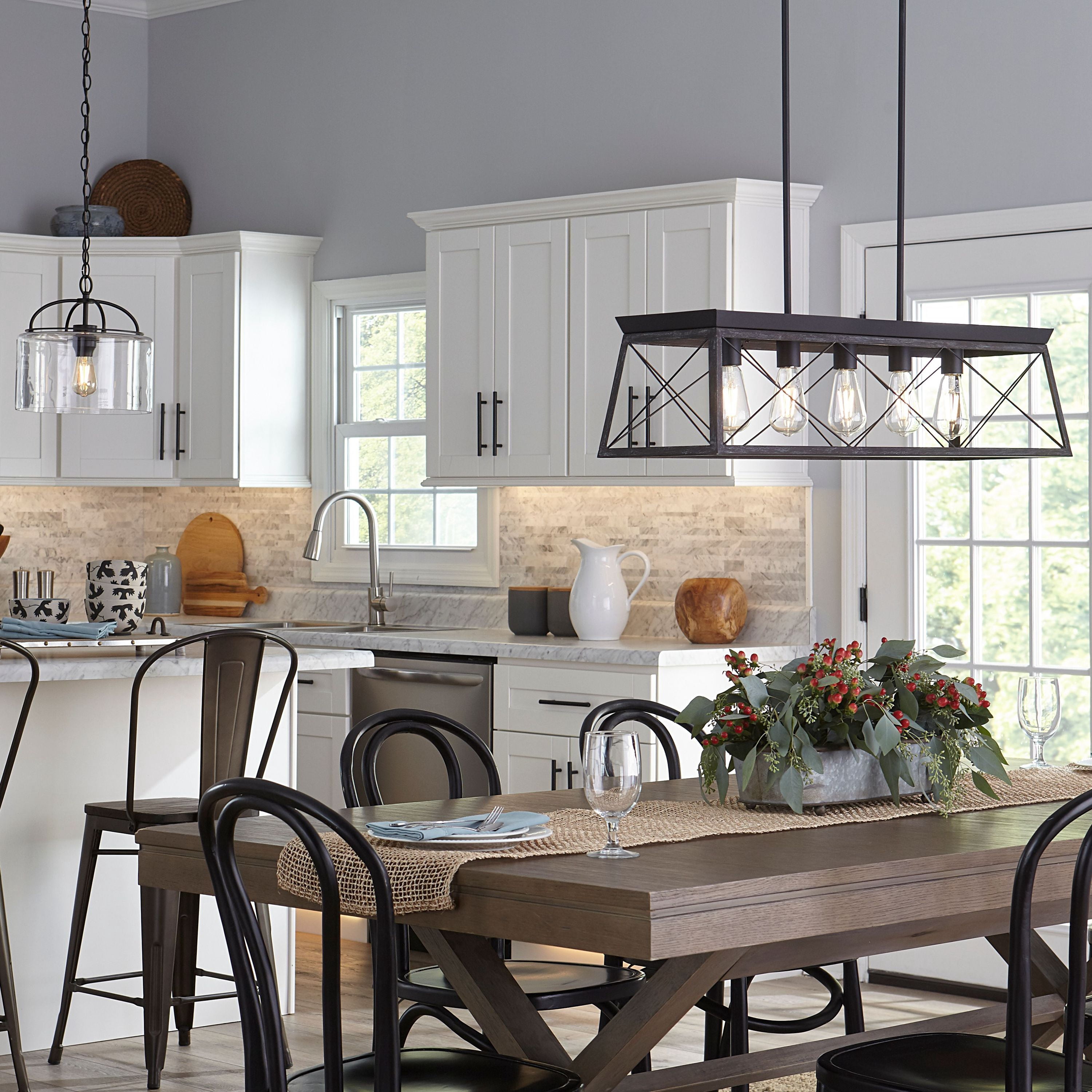 Briarwood Collection Five-Light Textured and Cerused Black Farmhouse Style Linear Island Chandelier Light - Image 2