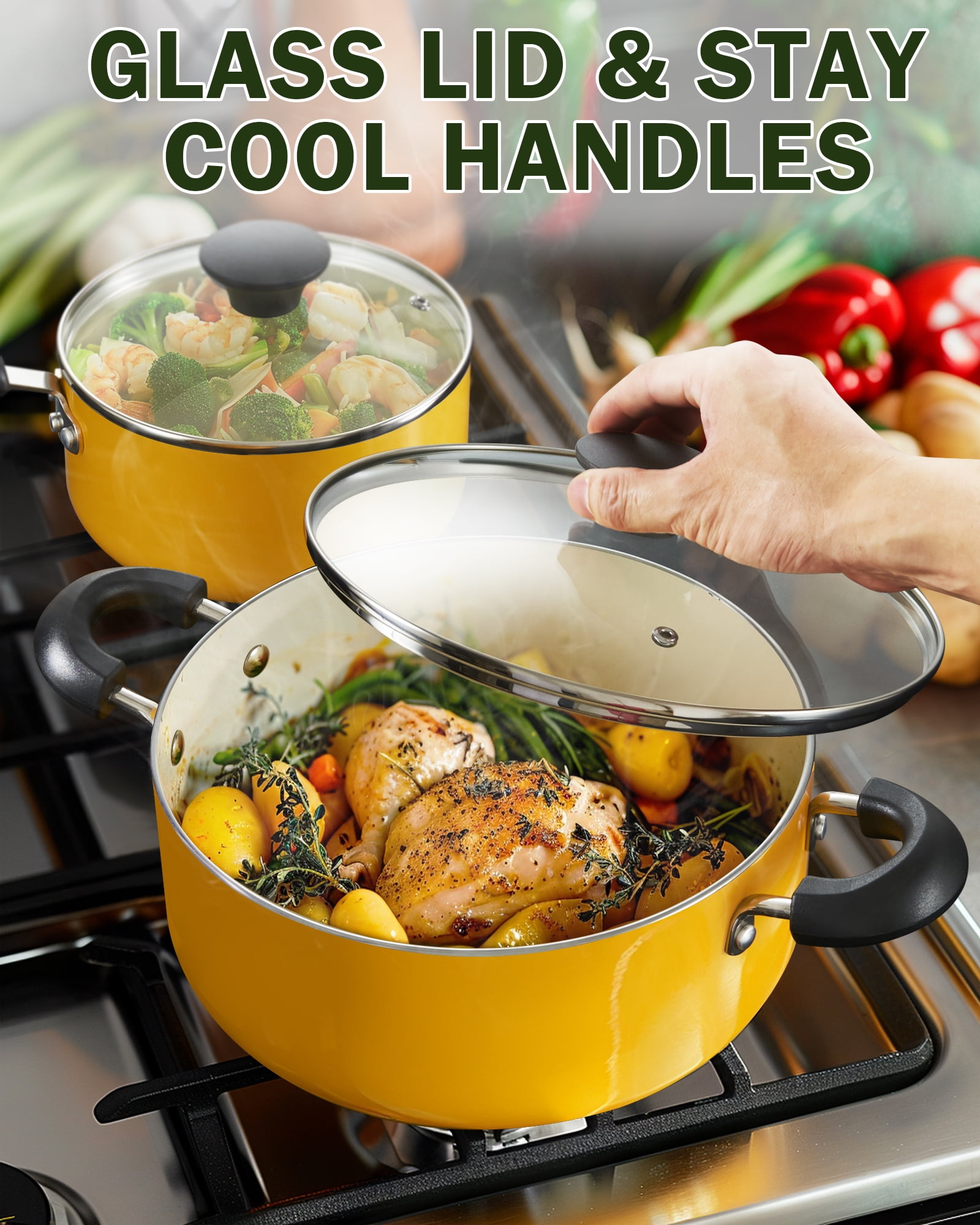 Cook N Home Nonstick Pots and Pans, 10-Piece Ceramic Kitchen Cookware Sets, Cooking with Saucepans, Frying Pans, Dutch Oven Pot with Lids, Yellow - Image 3