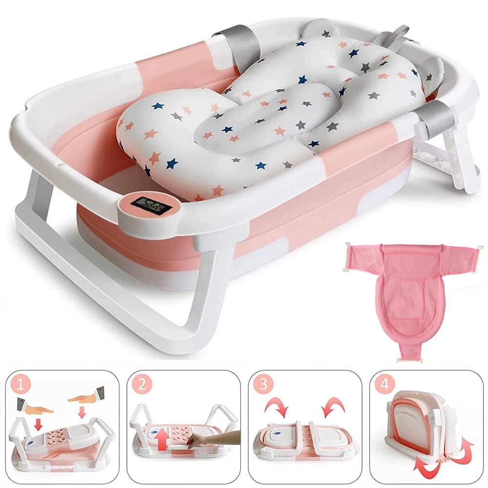 TOPCHANCES Folding Baby Bathtub, Travel Bathtub Newborn Bath Tub with Bath Cushion & Bath Net, Pink - Image 4