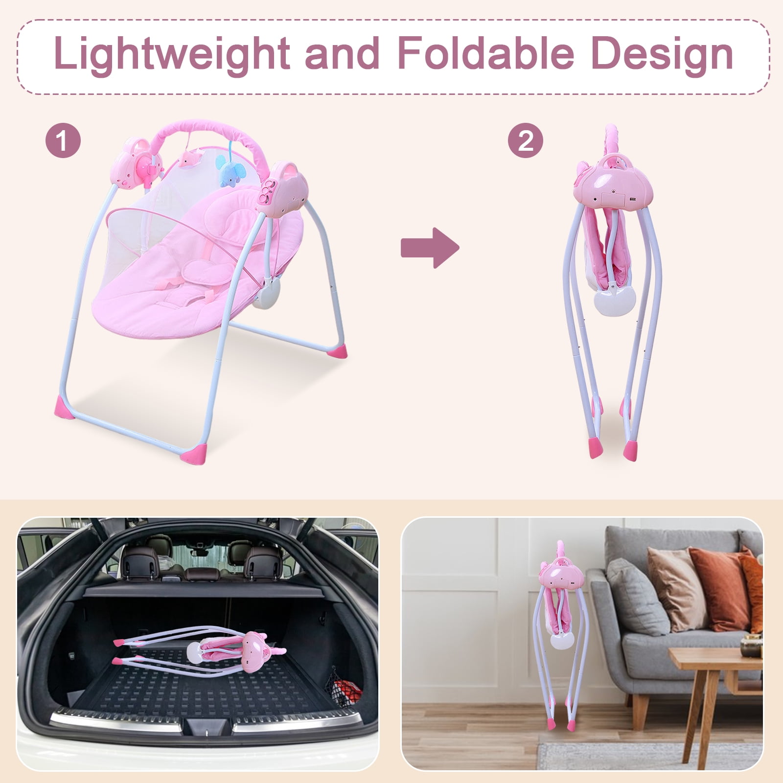ANJORALA Baby Swings for Infants Toddler, Portable Newborn Swing Bouncer, Bluetooth(Pink) - Image 6