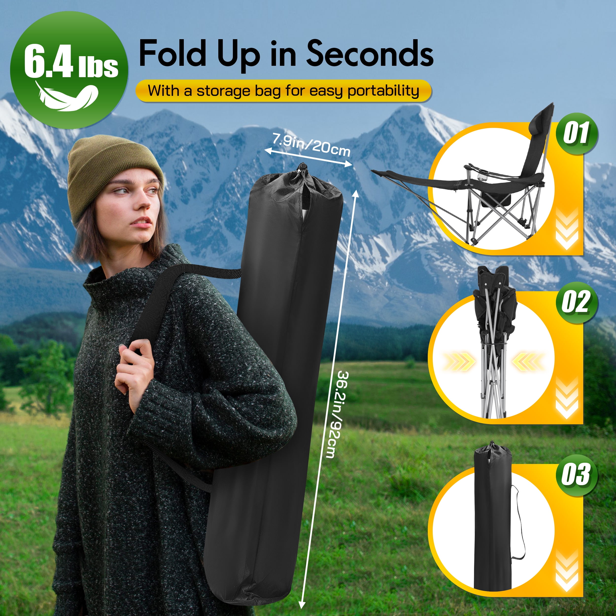 AMTPM Camping Chairs, Adjustable Folding Chairs 330lbs with Detachable Footrset for Camping Hiking Gardening Travel Beach Picnic, Adult - Image 6