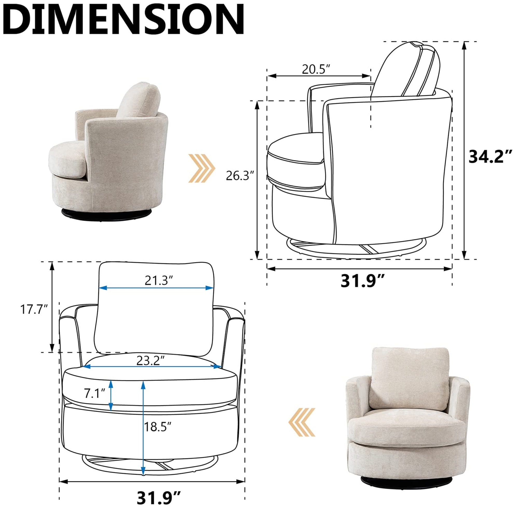 Aukfa 32" Wide Swivel Barrel Chair Accent Chair with Pillow for Living Room Bedroom, Chenille, Beige - Image 4