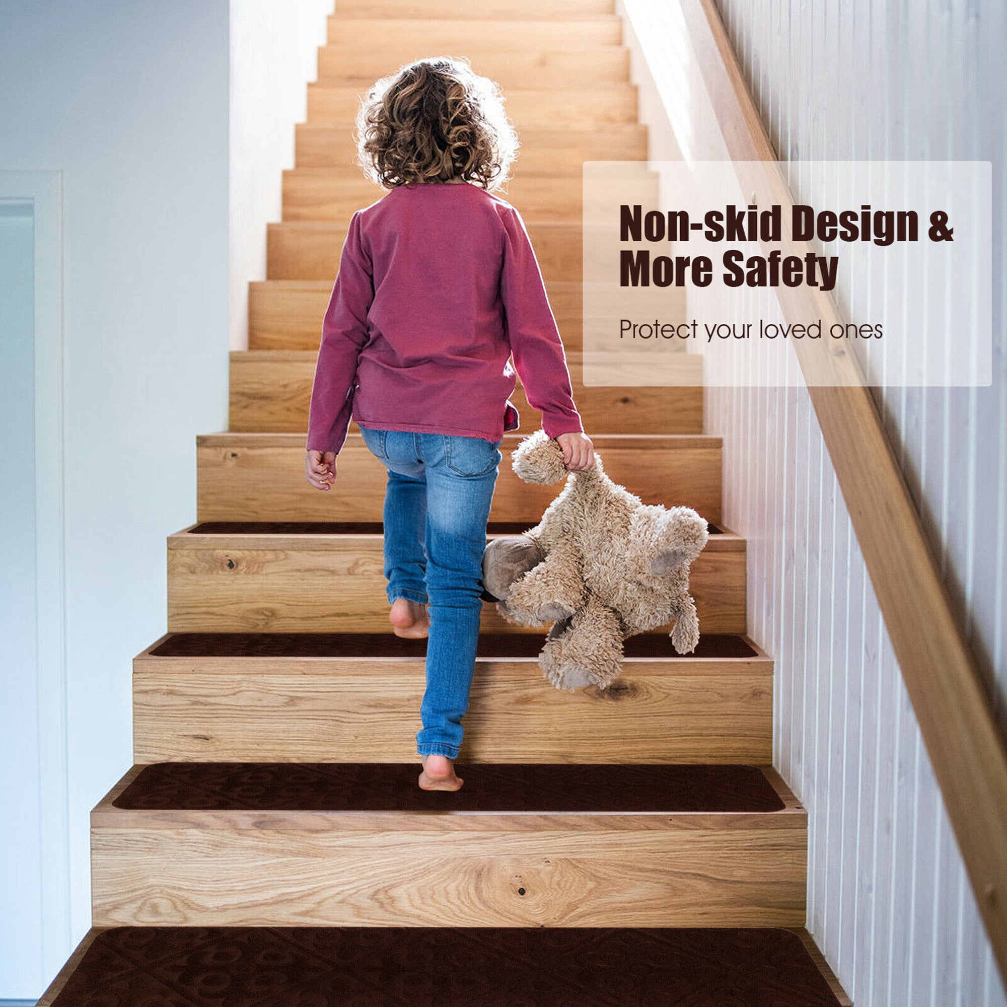 Gymax 15PCS Non-Slip Carpet Stair Treads 30'' x 8'' Mats Indoor for Wooden Steps Brown - Image 3