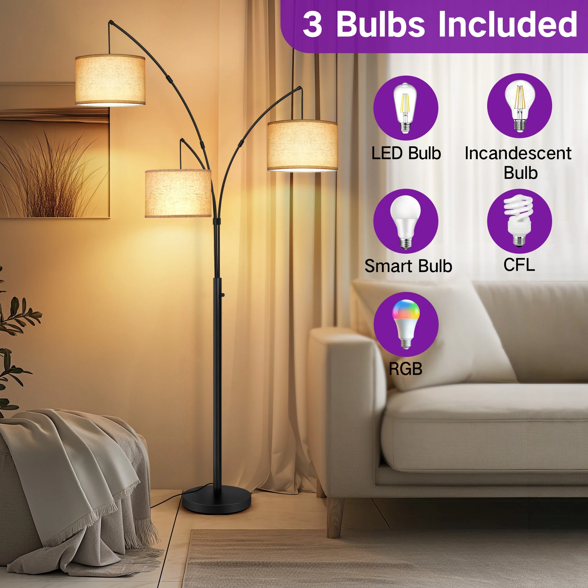 OUTON 3 Light Floor Lamp, 80" Mordern Standing Lamp with Linen Lamp Shade, Arc Floor Lamp for Living Room, Bedroom, Office, 3 Bulbs Includes(Black) - Image 11