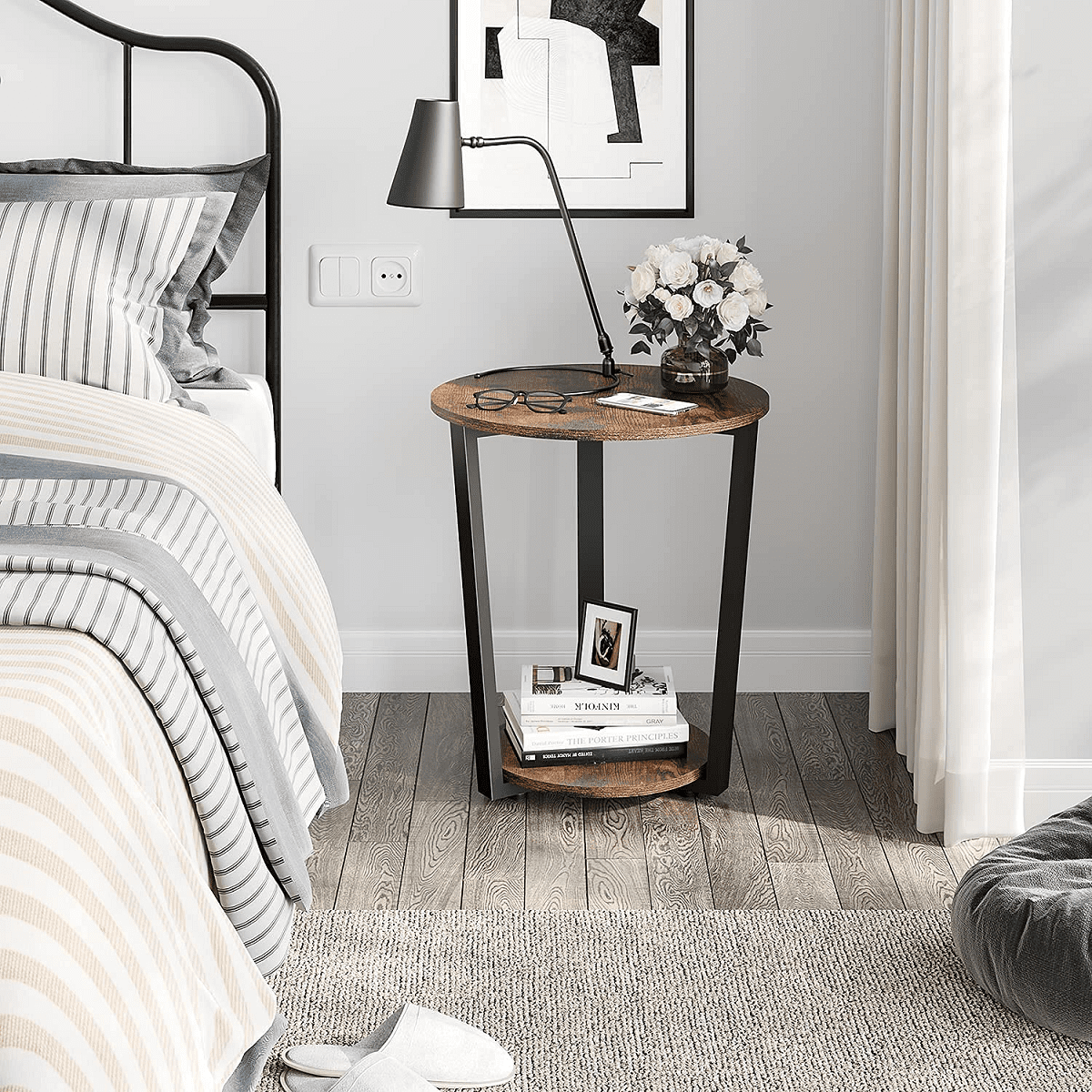 Small Round 2 Tier Wooden Side End Table for Small Spaces Bedroom Living Room Accent Tables Nightstand 22 Inch Height, Brown and Black Frame - Image 6