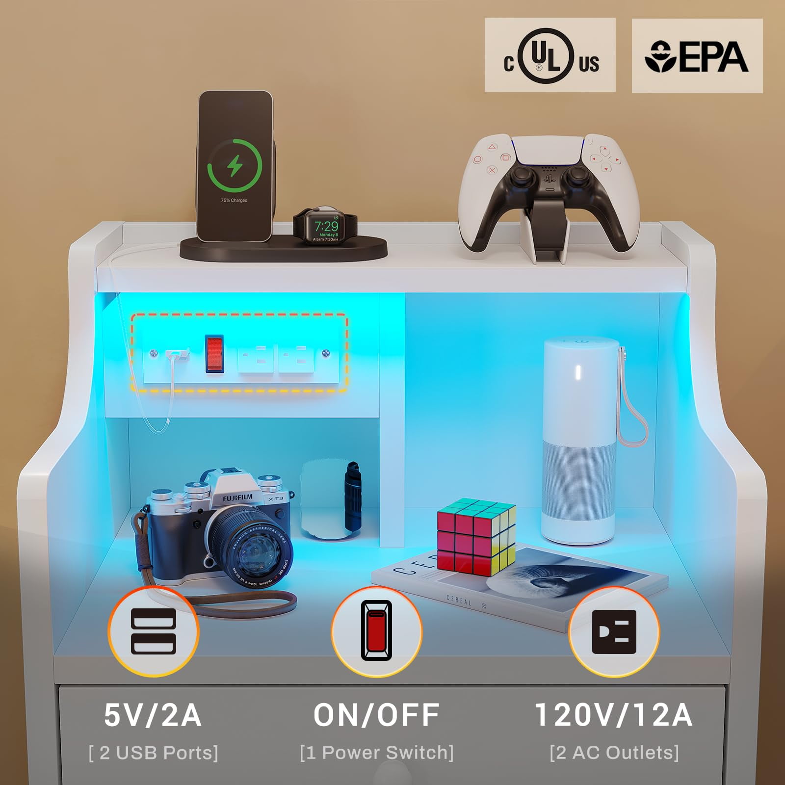 Nightstand with Charging Station and LED Lights, Night Stand with Hutch and Storage Drawers, White - Image 7