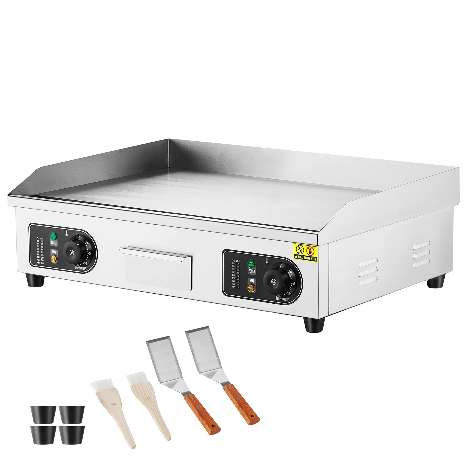 KFFKFF 26" Commercial Electric Griddle 2800W, Adjustable Temperature from 122℉ to 572℉, Stainless Steel Flat Top Grill, 25.98" x 15.75" x 0.39", Includes 2 Shovels and 2 Brushes - Image 3