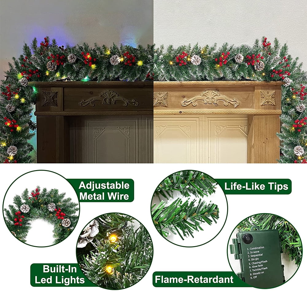 9ft Pre-Lit Christmas Garland with 50 Waterproof LED Light and Pine Cones and Berries, 220 Branches Battery Operated Christmas Garland Decoration for Xmas Holiday Party - Image 7