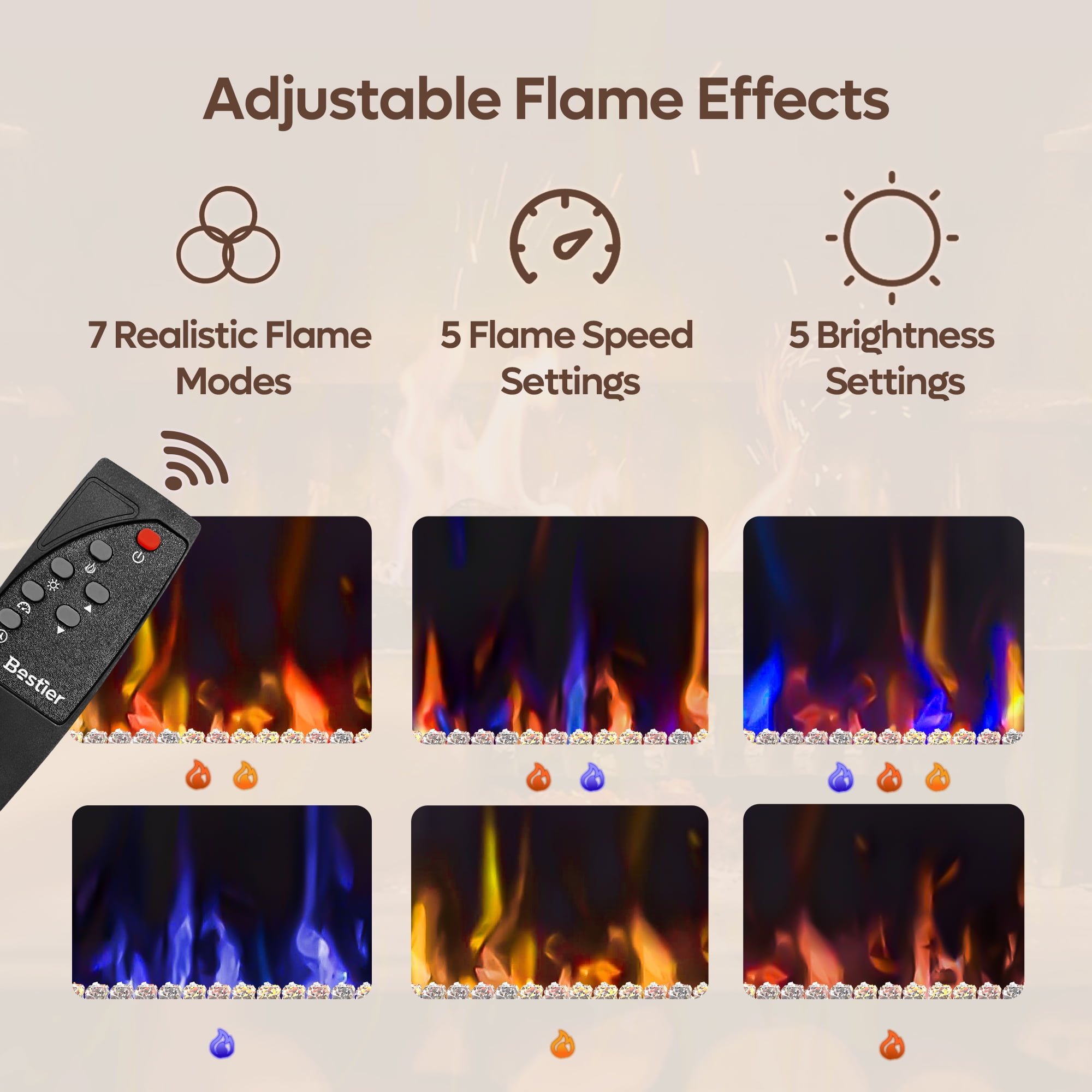 Bestier Modern Electric 7 Color LED Fireplace TV Stand for TVs up to 70", Pine - Image 13