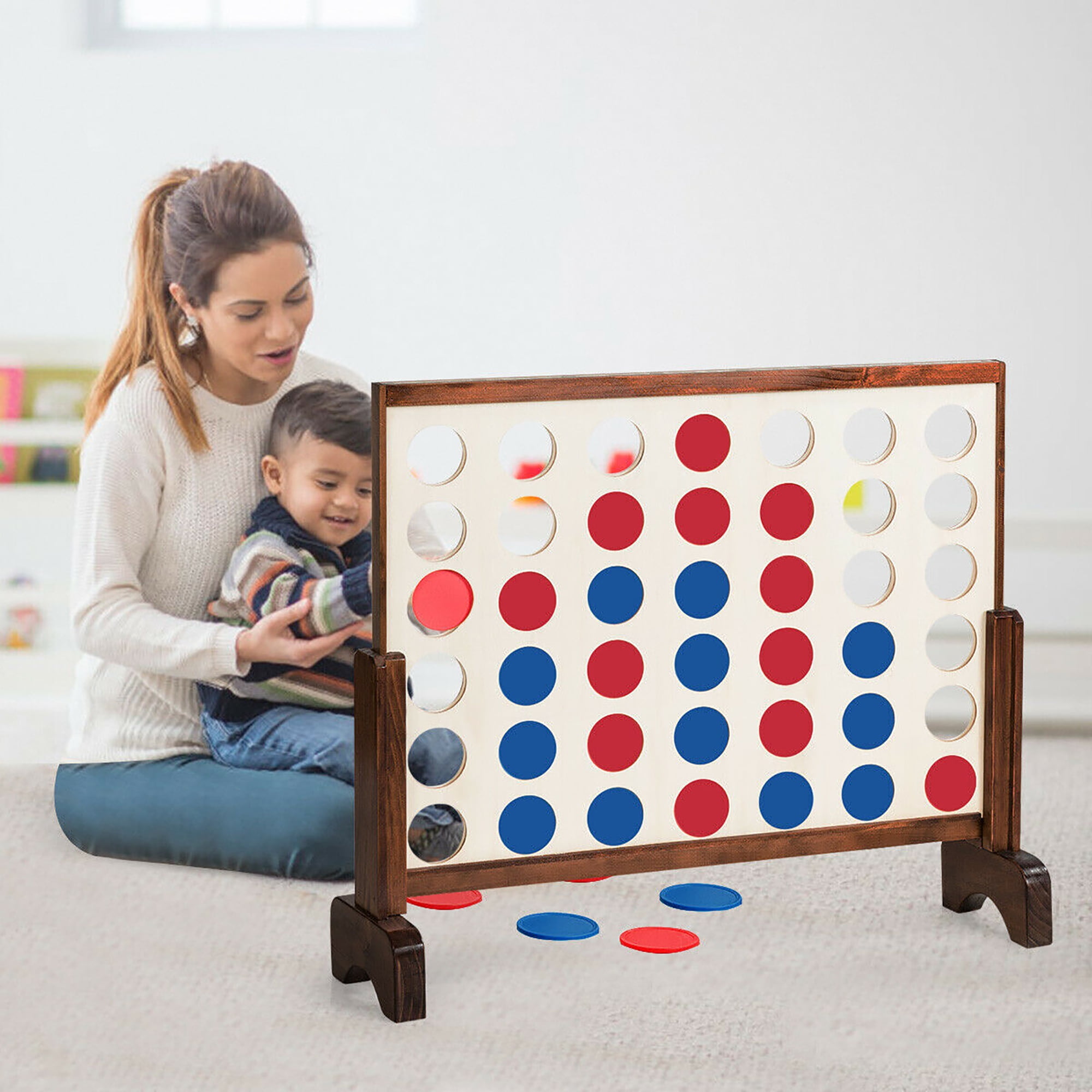 Costway Giant 4 In A Row Game Wood Board Connect Toy Adults Kids with Carrying Bag Natural - Image 4