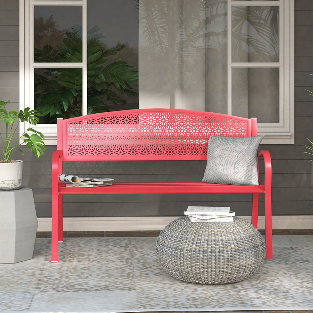 Abble Outdoor Metal Garden Bench Steel Patio Loveseat Park Bench, Red - Image 5