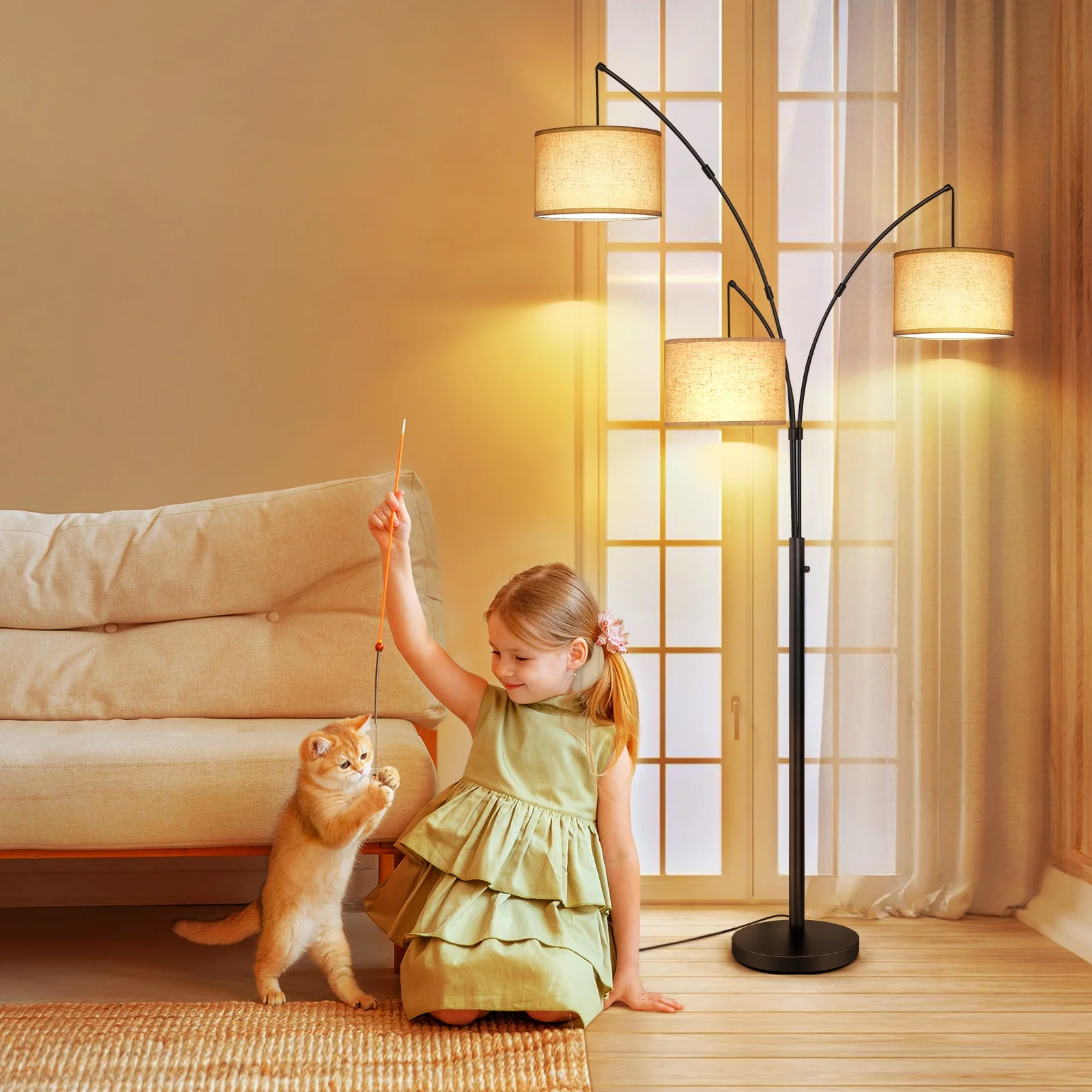 OUTON 3 Light Floor Lamp, 80" Mordern Standing Lamp with Linen Lamp Shade, Arc Floor Lamp for Living Room, Bedroom, Office, 3 Bulbs Includes(Black) - Image 8