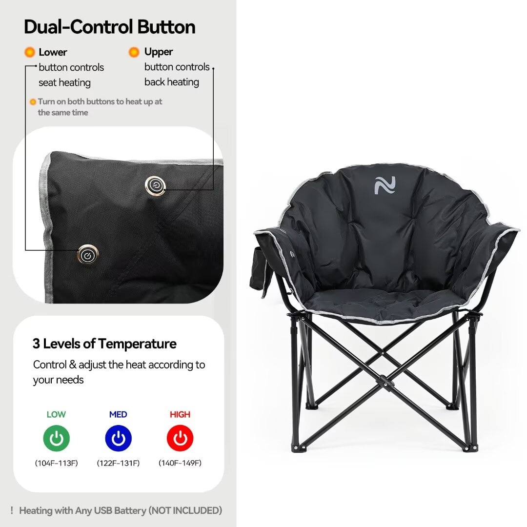 NAIZEA Oversized Heated Camping Chair, Patio Lounge Chairs with 3 Heat Levels, Portable Folding Heated Chair Round Moon Saucer Folding Lawn Chair Outdoor Chair for Camping, Lounge Patio - Image 4