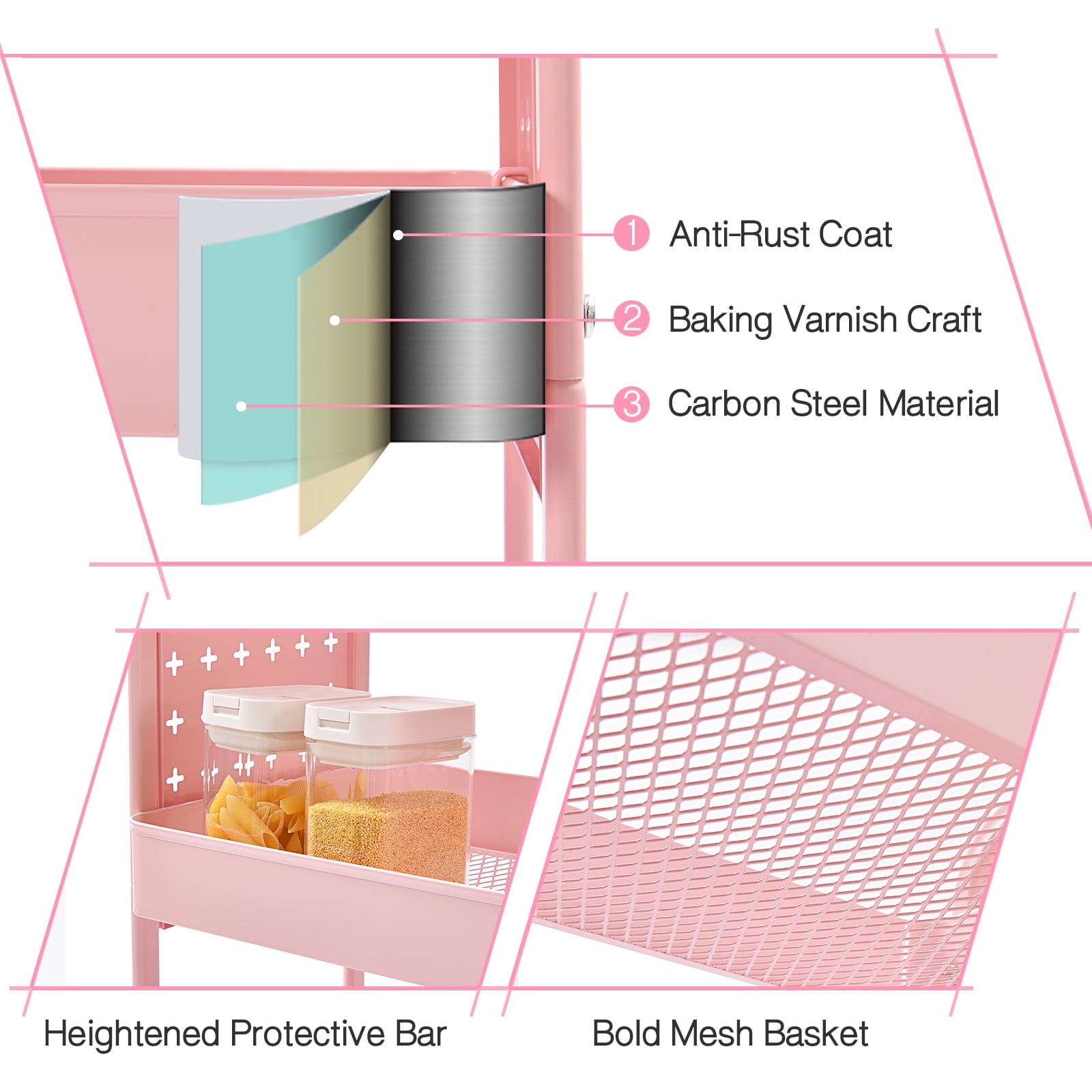 TOOLF 3-Tier Rolling Cart, Utility Storage Cart with DIY Dual Pegboards, Organizer Serving Trolley, Pink - Image 3