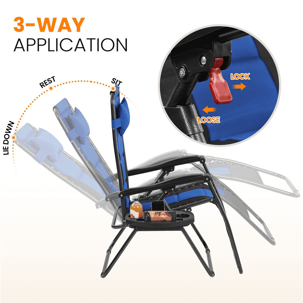 Alden Design 29in Foldable Padded Zero Gravity Chair with Cupholder/ Pillow for Outdoor, Navy Blue/Black - Image 2