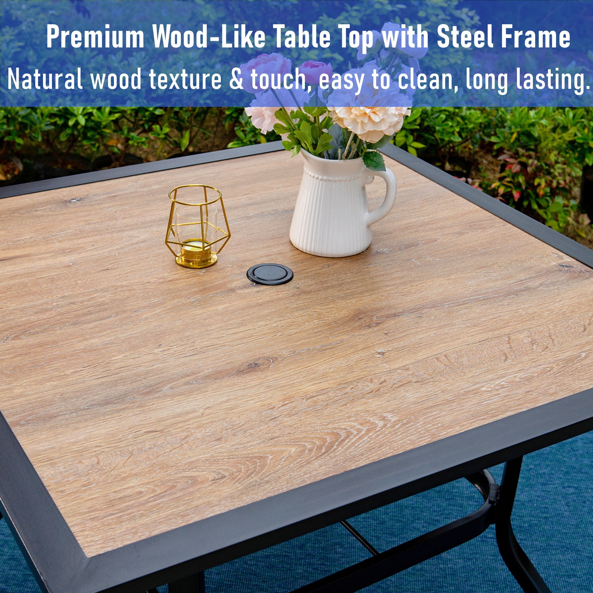 MF Studio 5-Piece Outdoor Patio Dining Set Modern Steel Furniture with 4 Slatted Armchairs and 1 Square Wood-like Table, Black - Image 5