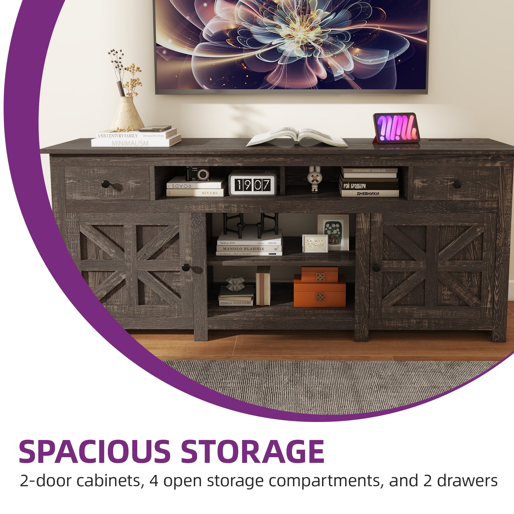 Uforic 70'' Farmhouse TV Stand, Entertainment Center with 2 Shelves, Suitable for TVs up to 80'',Oak - Image 2