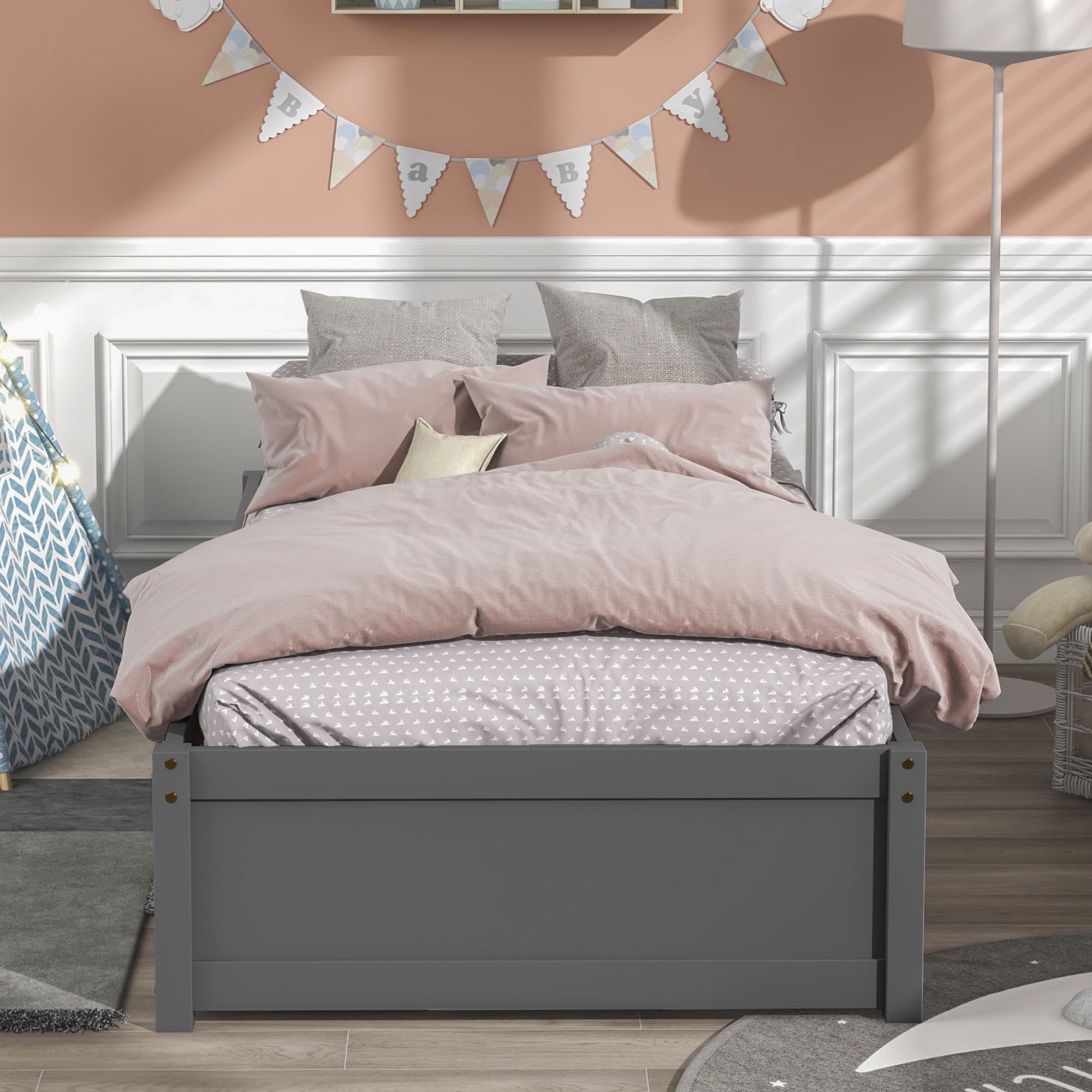 PORKISS Twin Platform Bed Frame with Storage Drawers, Solid Wood Twin Size Bed Frame, Modern Bedroom Furniture Single Bed for Kids Teens Adults, No Box Spring Needed, Gray - Image 2